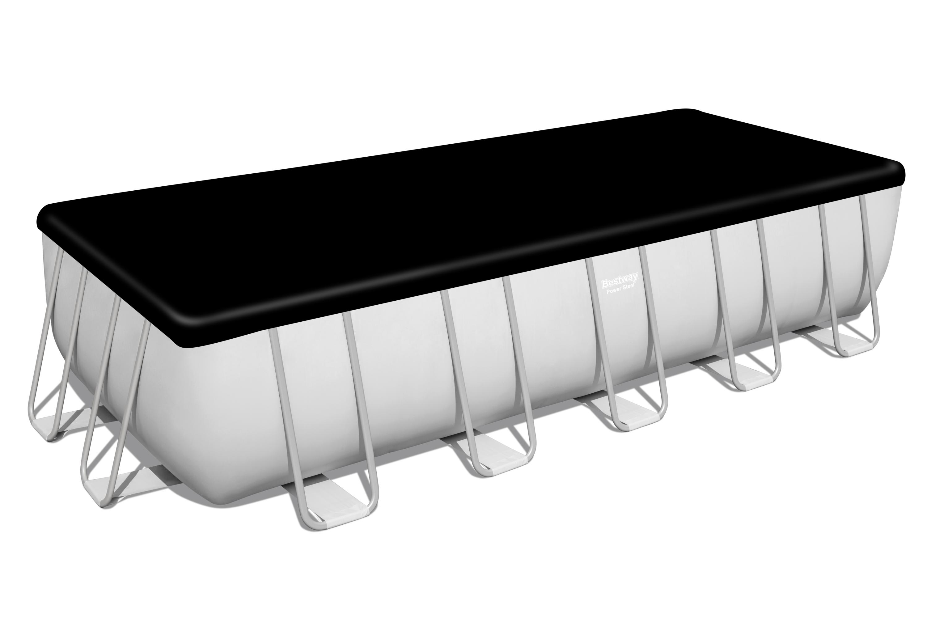 Prostokątny basen naziemny z czarną pokrywą i szarą metalową ramą. Białe ściany basenu. Logo Bestway Power Steel.