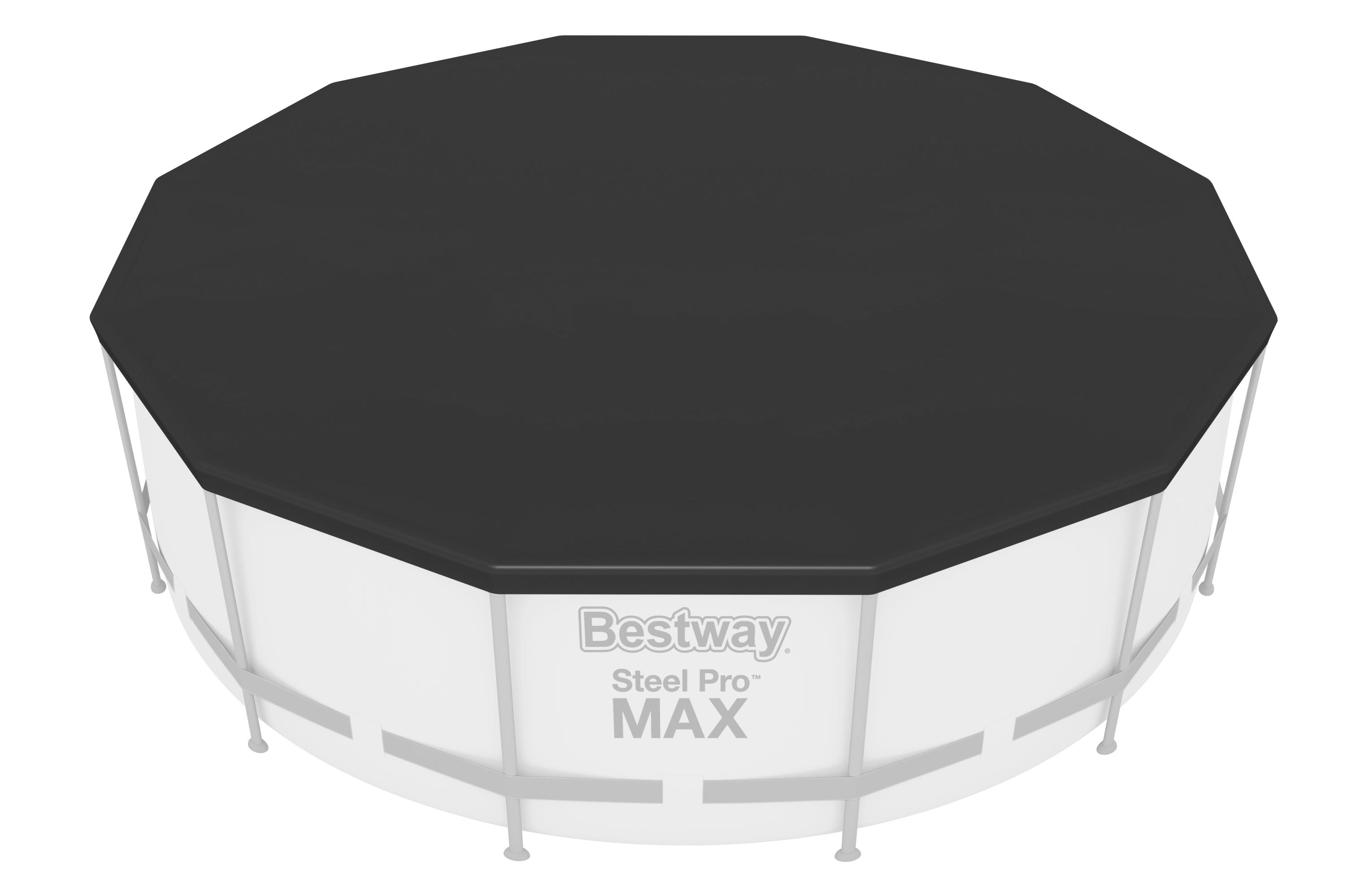Draufsicht auf ein weißes und graues Bestway Steel Pro Max-Pool mit schwarzer Abdeckung.