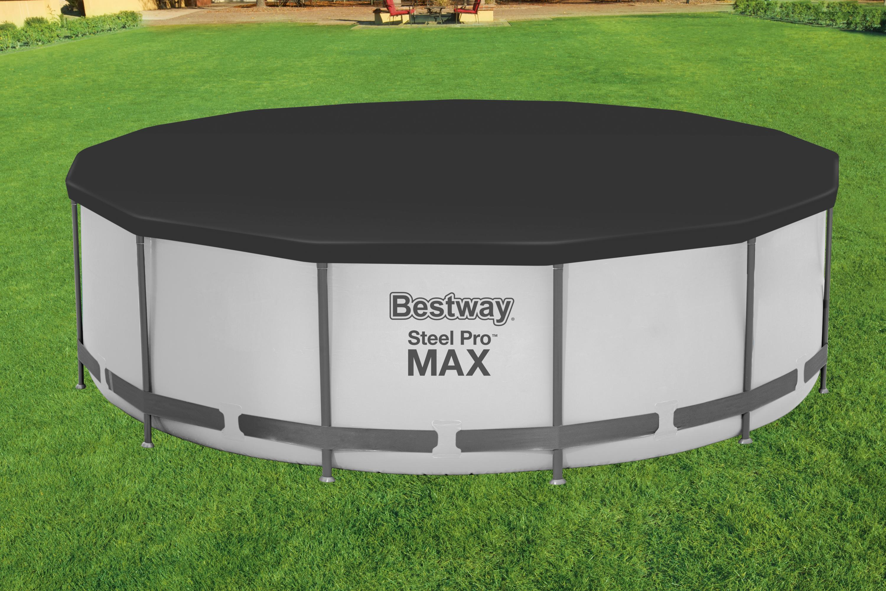 Aufstellpool mit schwarzer Abdeckung auf grünem Gras. Der Pool hat eine weiße Seite mit dem Bestway Steel Pro MAX Logo.