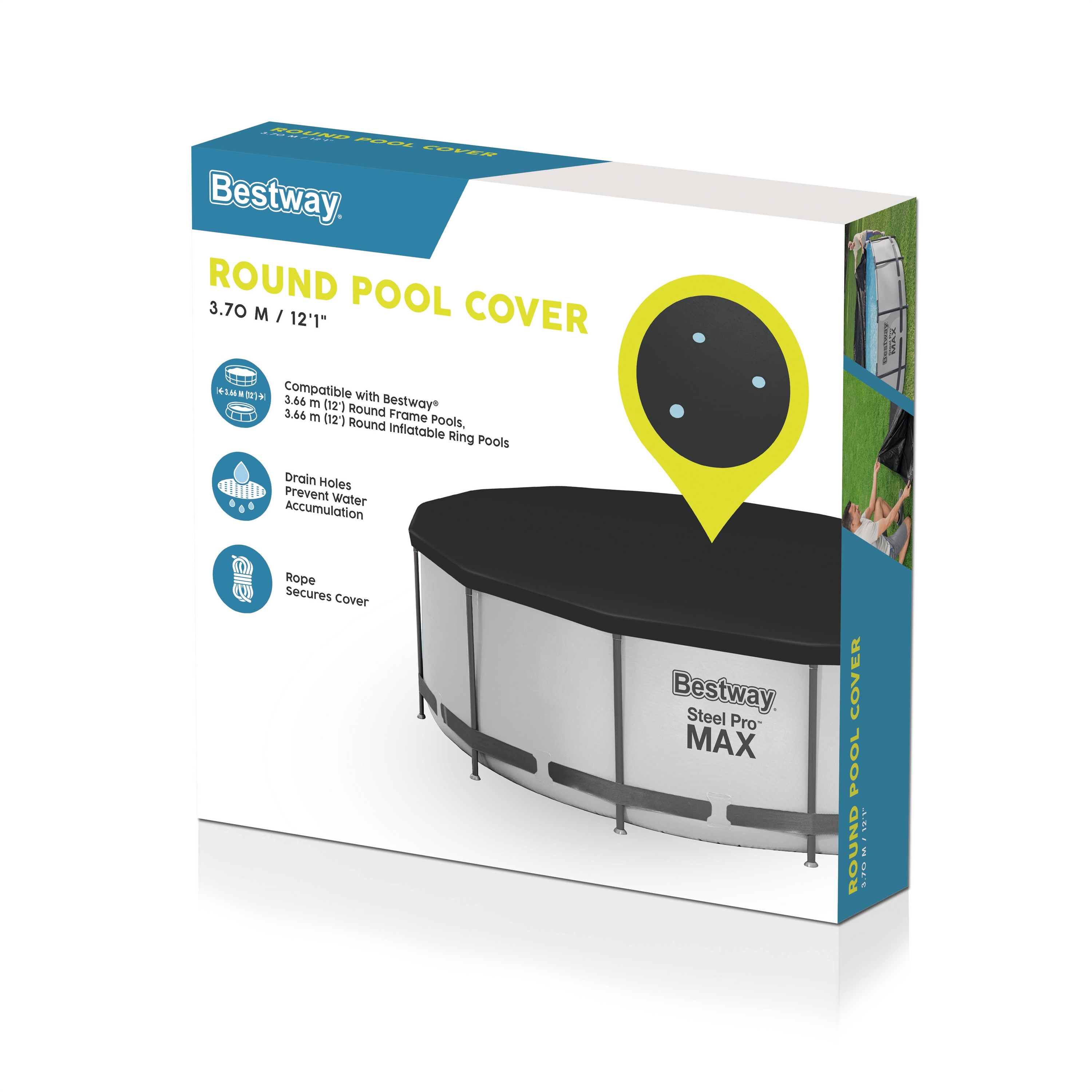 Eine Bestway-Rundpool-Abdeckungsbox. Sie zeigt die Abdeckung auf einem Pool und enthält Details wie Größe und Kompatibilität.