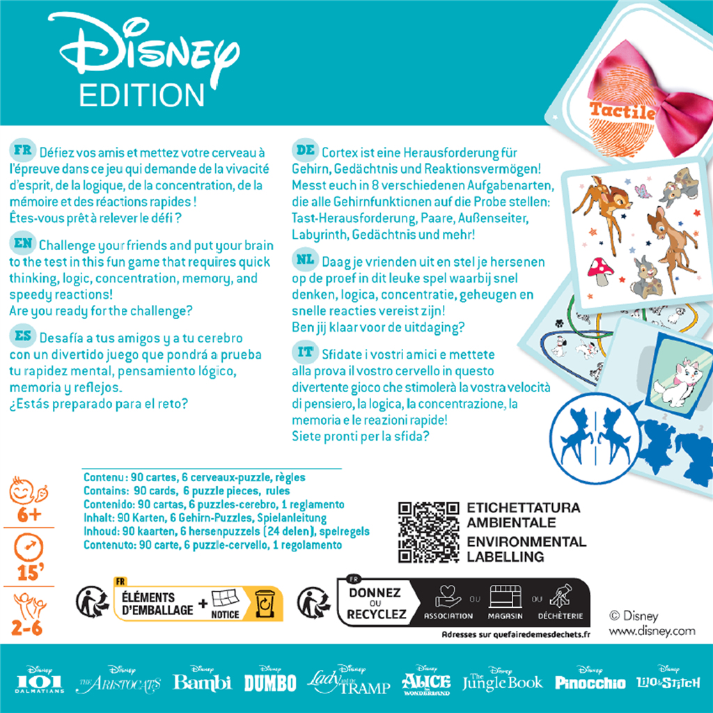 Disney-Spielbox. Text in mehreren Sprachen. Enthält Karten, Puzzles und Regeln. Zeigt Disney-Charaktere und -Marken.