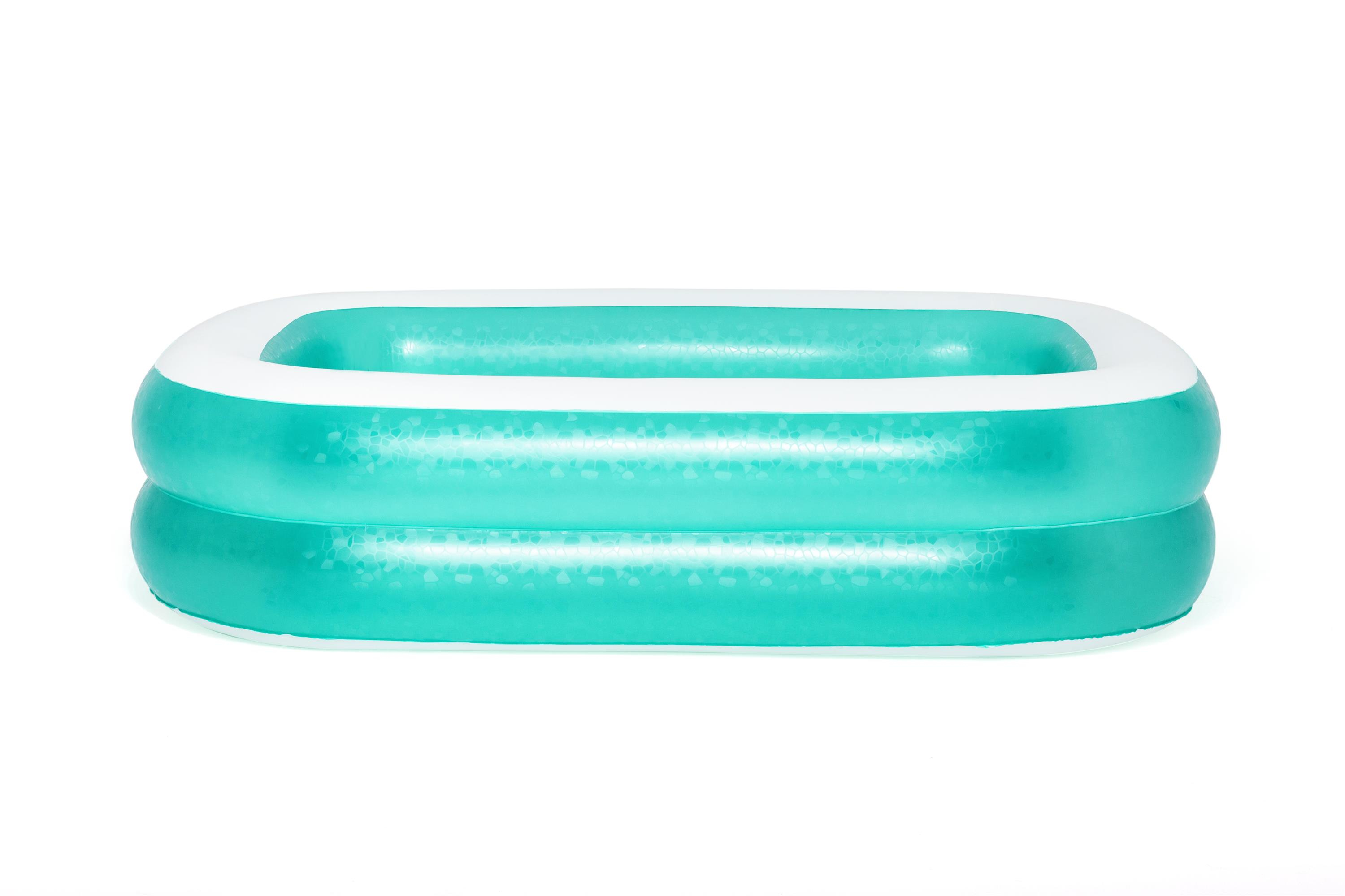 Une piscine gonflable rectangulaire. Elle est turquoise avec un bord supérieur blanc, sur fond blanc.