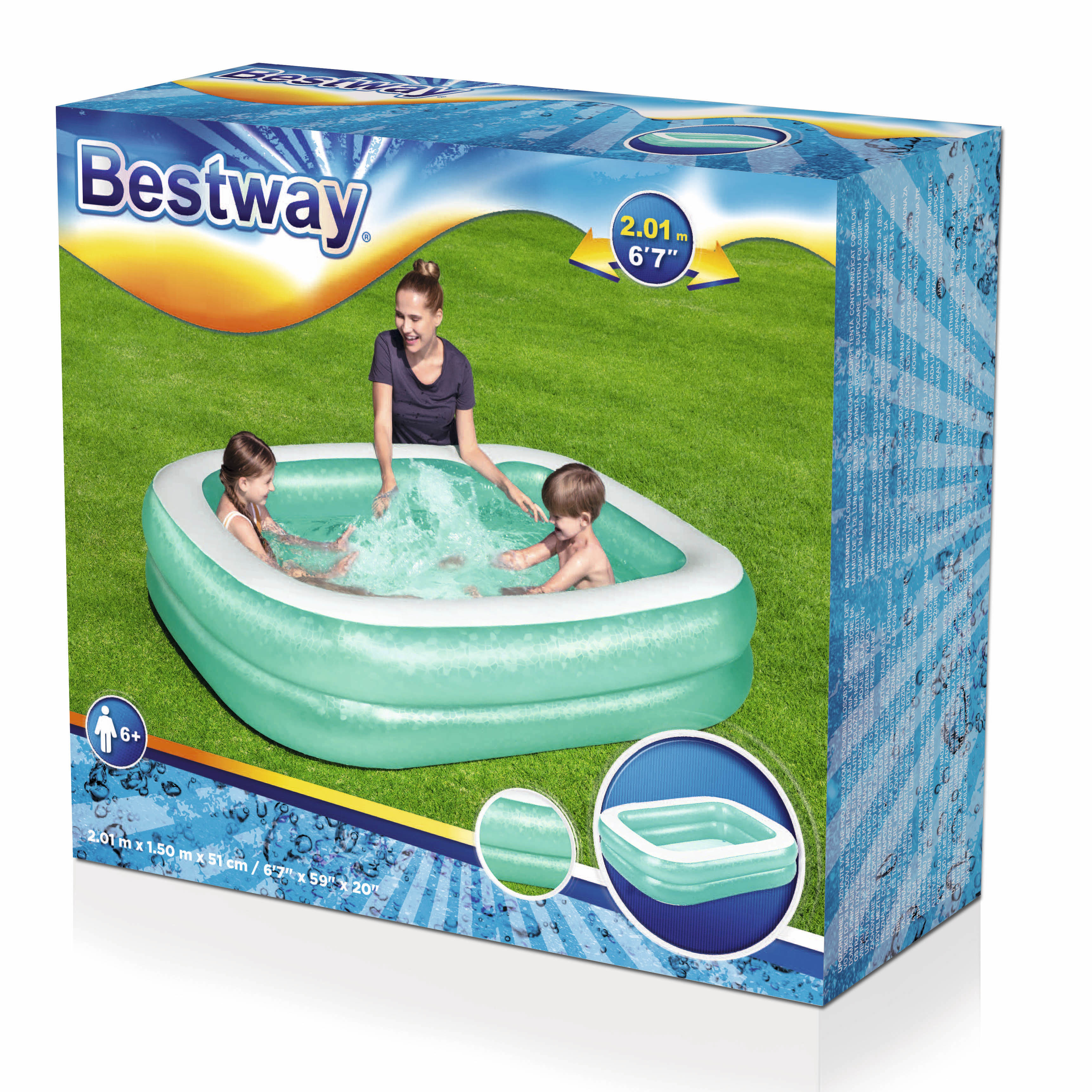 La boîte montre une piscine avec trois personnes jouant. Herbe verte en arrière-plan.