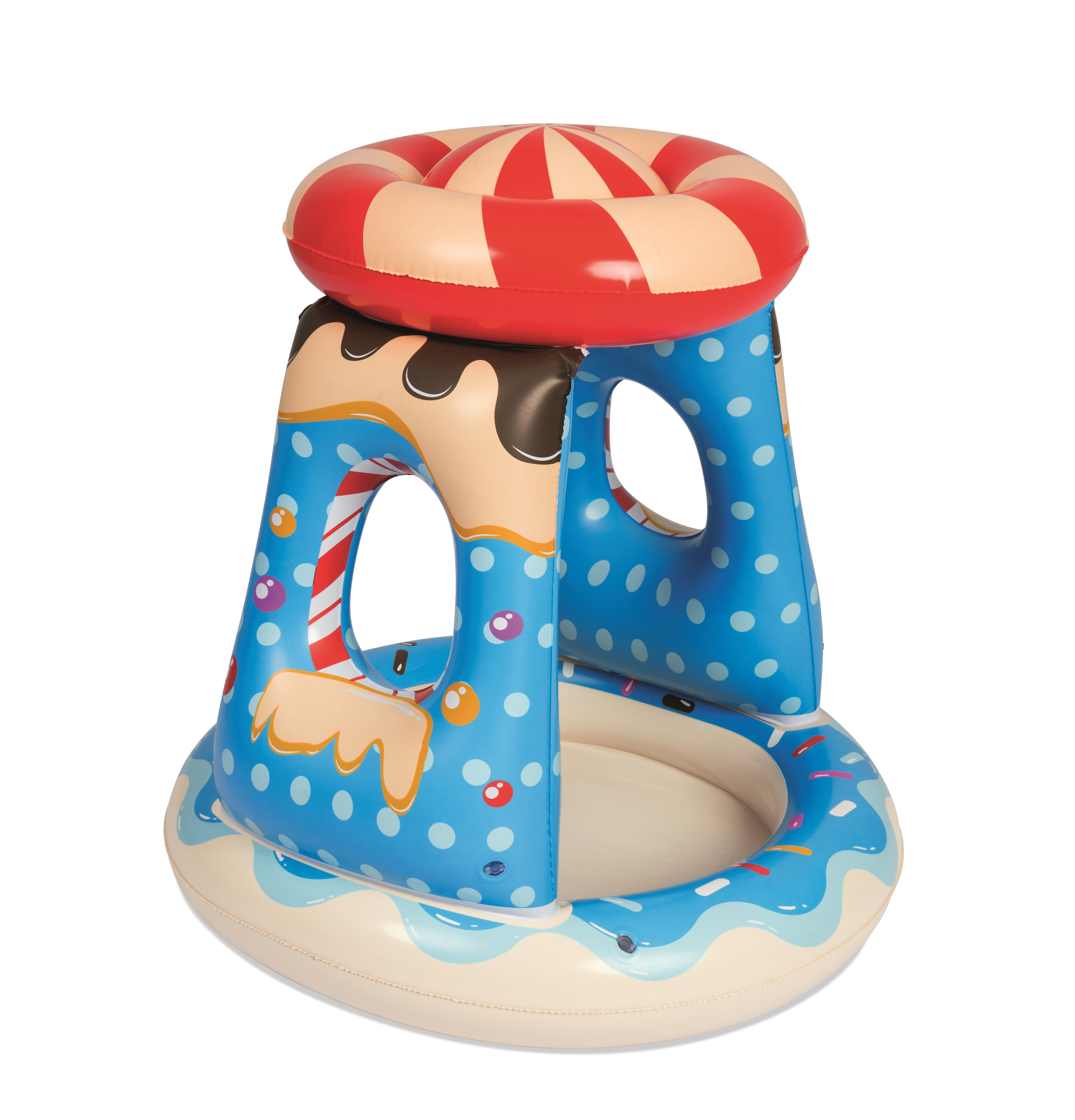 Een opblaasbaar zwembadspeeltje. Het is blauw, wit en rood met een donut- en snoepthema. Het heeft een zonnescherm en een stoel.