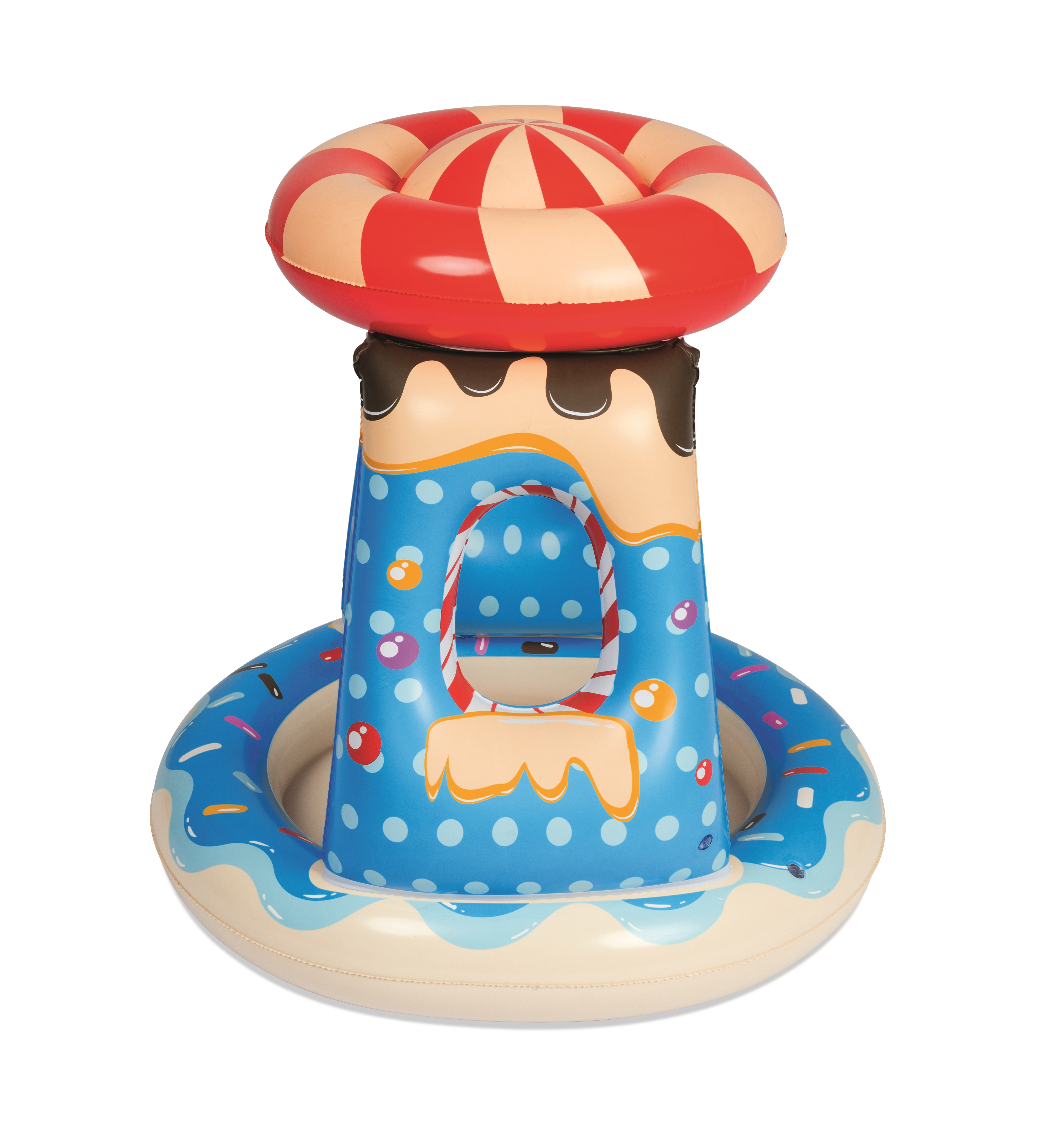 Opblaasbare zwemband in de vorm van een toren, met een donut aan de basis en een snoepring bovenaan.