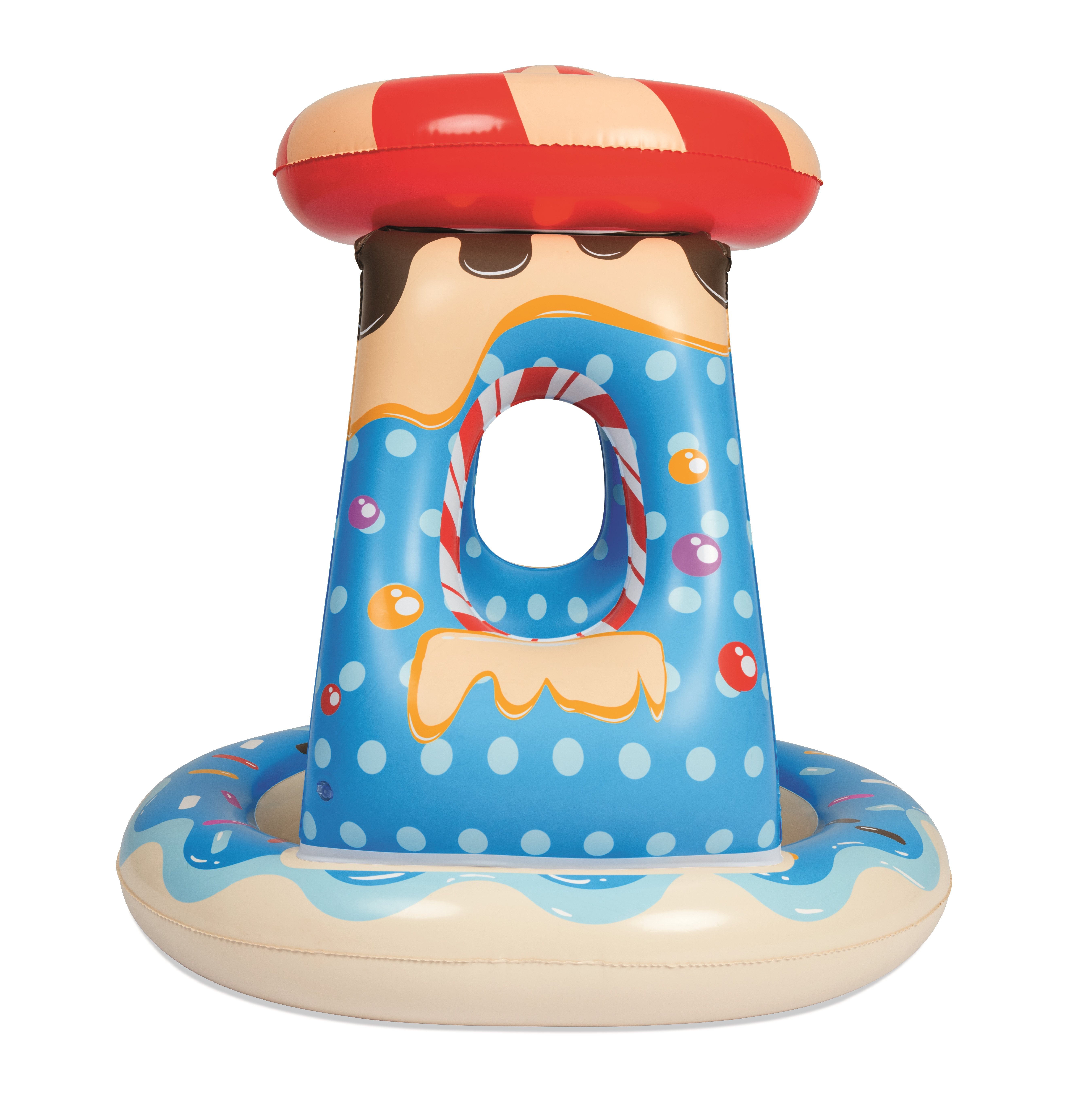 Een opblaasbare zwemband in de vorm van een toren, met een rood en wit dak, een blauwe body en een beige basis.