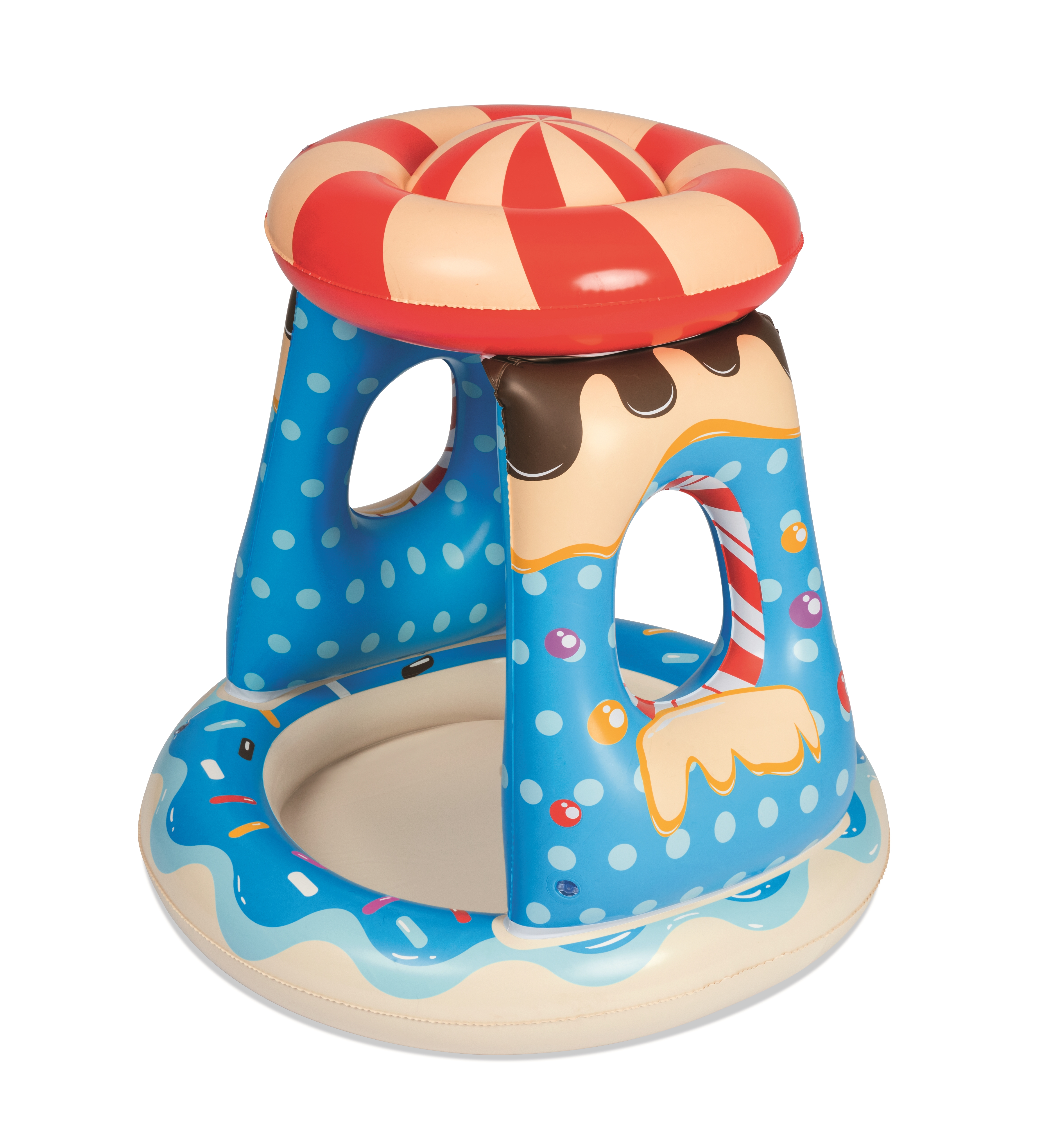 Een opblaasbare zwembadfloat, in de vorm van een dessert met een ring bovenop. Het heeft blauwe, witte, rode en bruine kleuren.