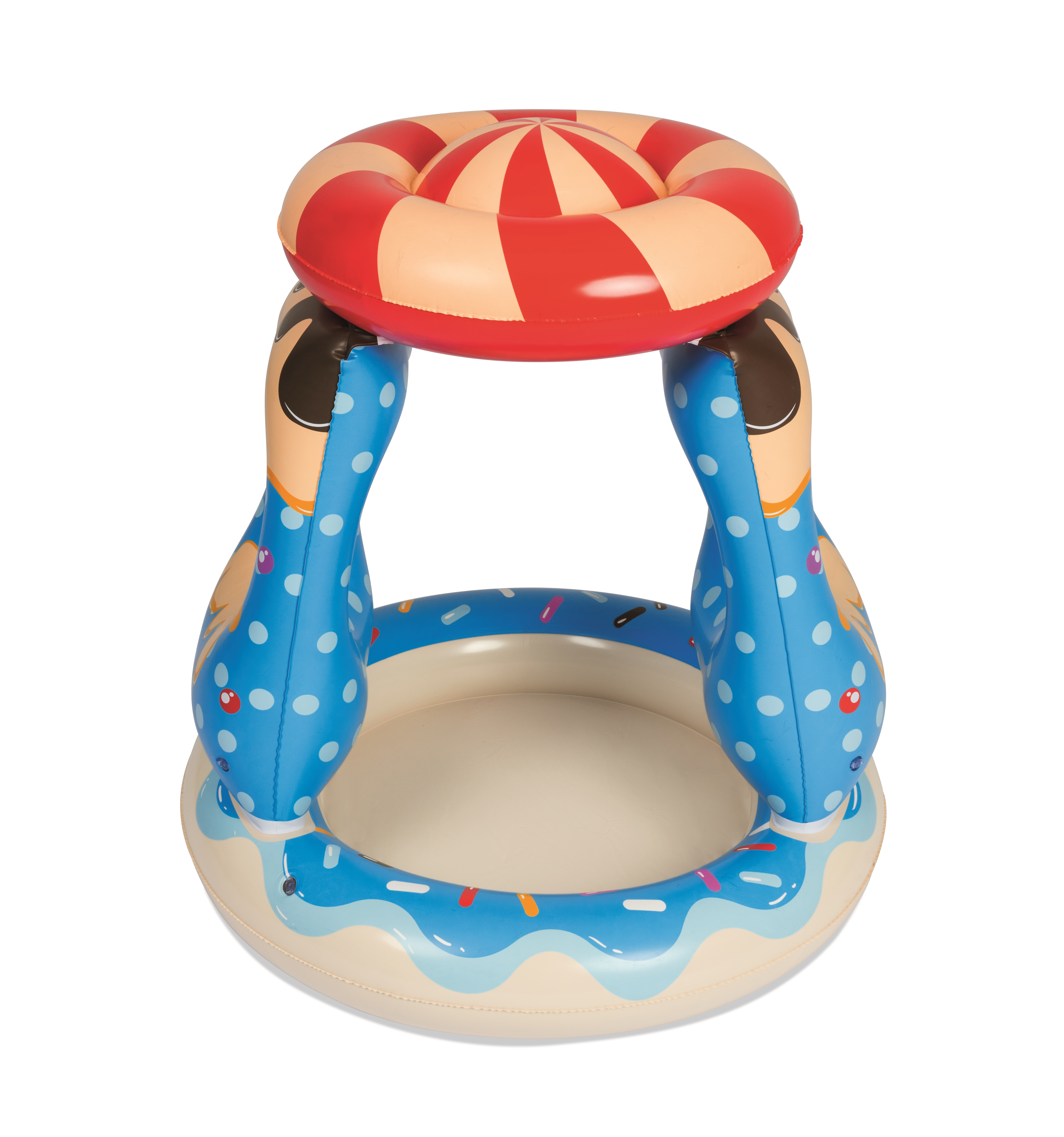 Opblaasbaar zwembad met flamingo-steunen en een gestreepte ring. Blauwe, rode en beige kleuren.