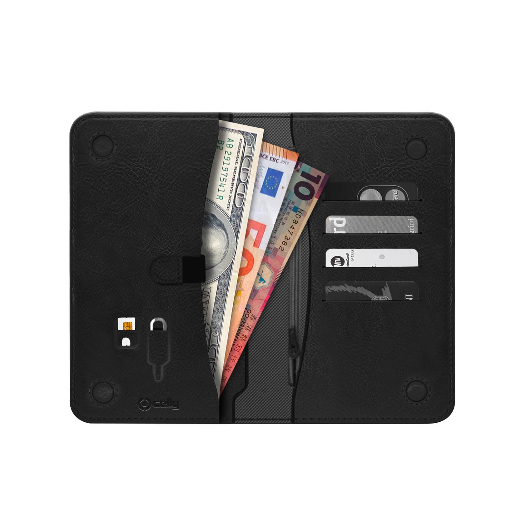 Schwarzes Portemonnaie mit Bargeld, Kreditkarten und einem SIM-Karten-Slot. Enthält US-Dollar und Euro-Noten.
