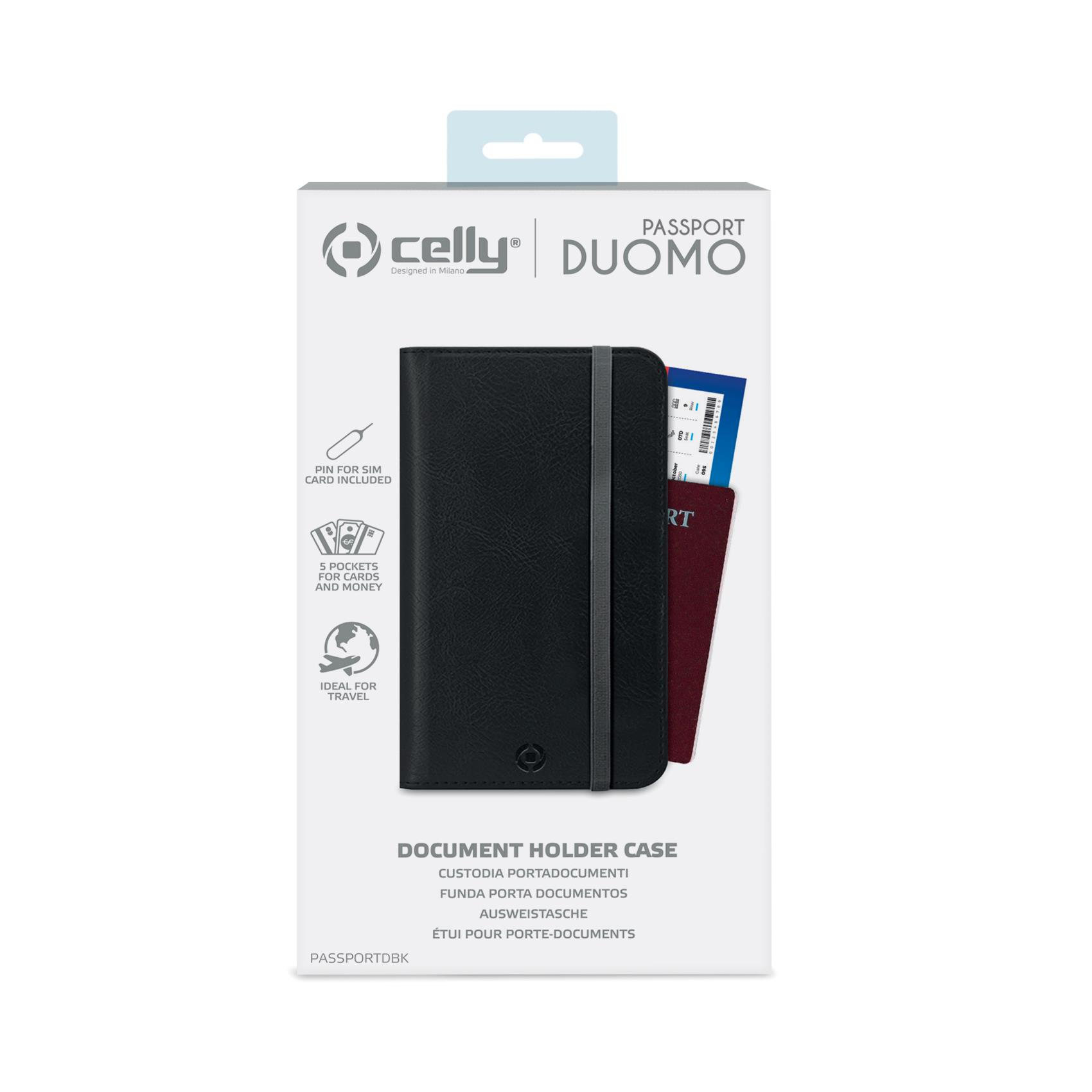Schwarzes Celly Duomo Reisepass-Etui mit Ticket und Karte, auf weißem Hintergrund dargestellt.