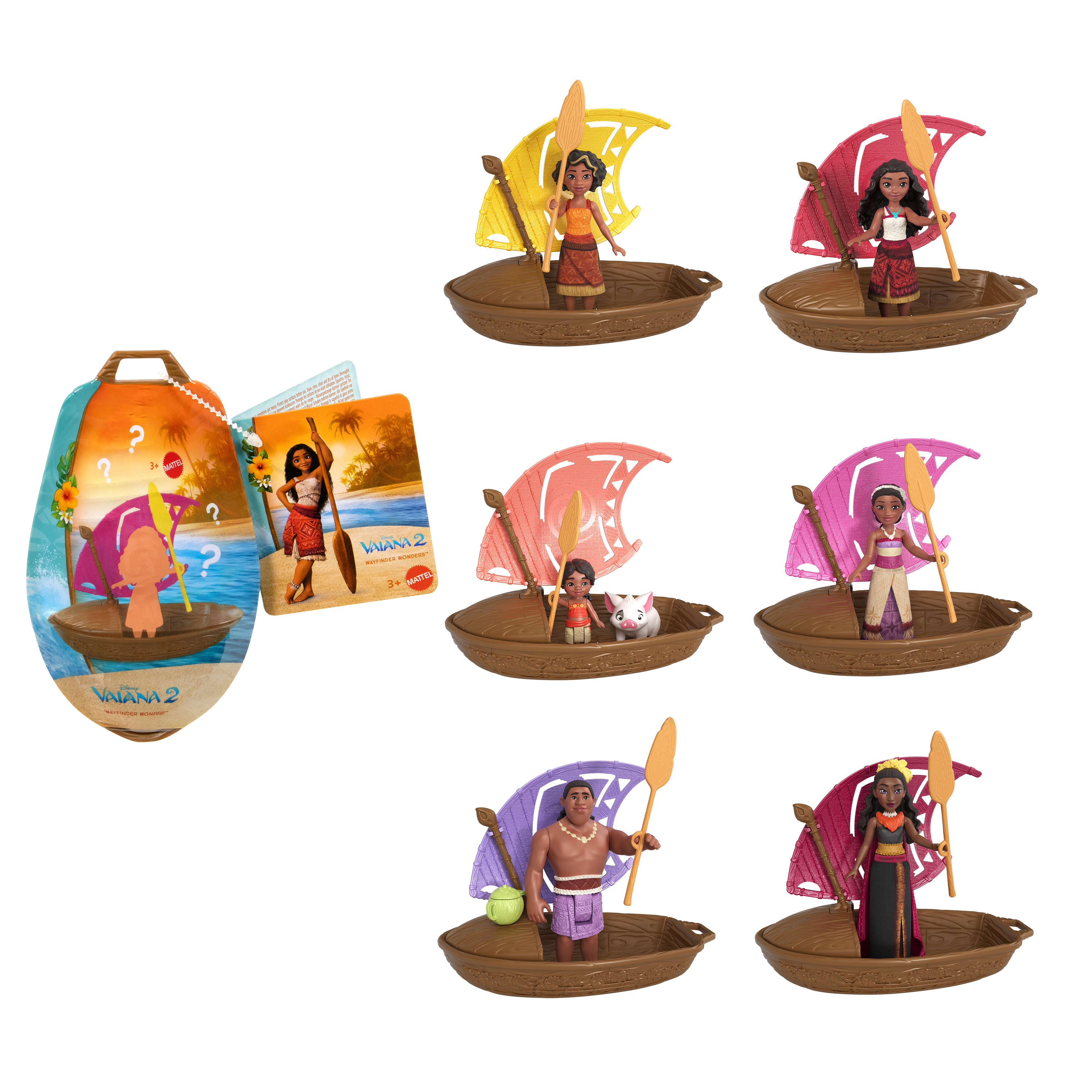 Mehrere Spielzeugboote mit Moana-Charakteren. Jedes Boot hat ein Segel und ein Ruder. Verpackung mit Filmtitel.