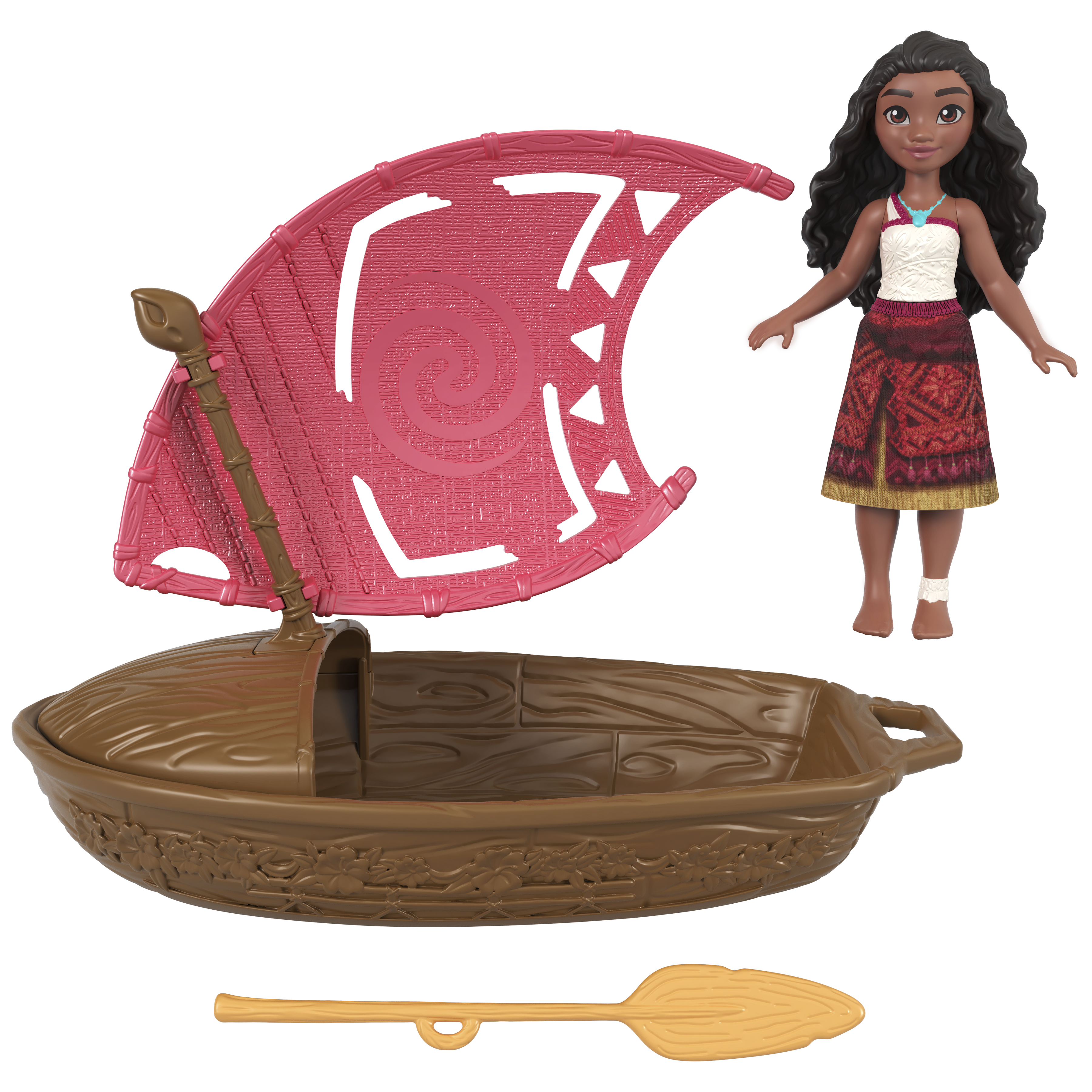 Moana-Puppe mit Boot und Paddel. Das Boot ist braun mit rosa Segel. Moana trägt ein weißes Oberteil und einen roten Rock.