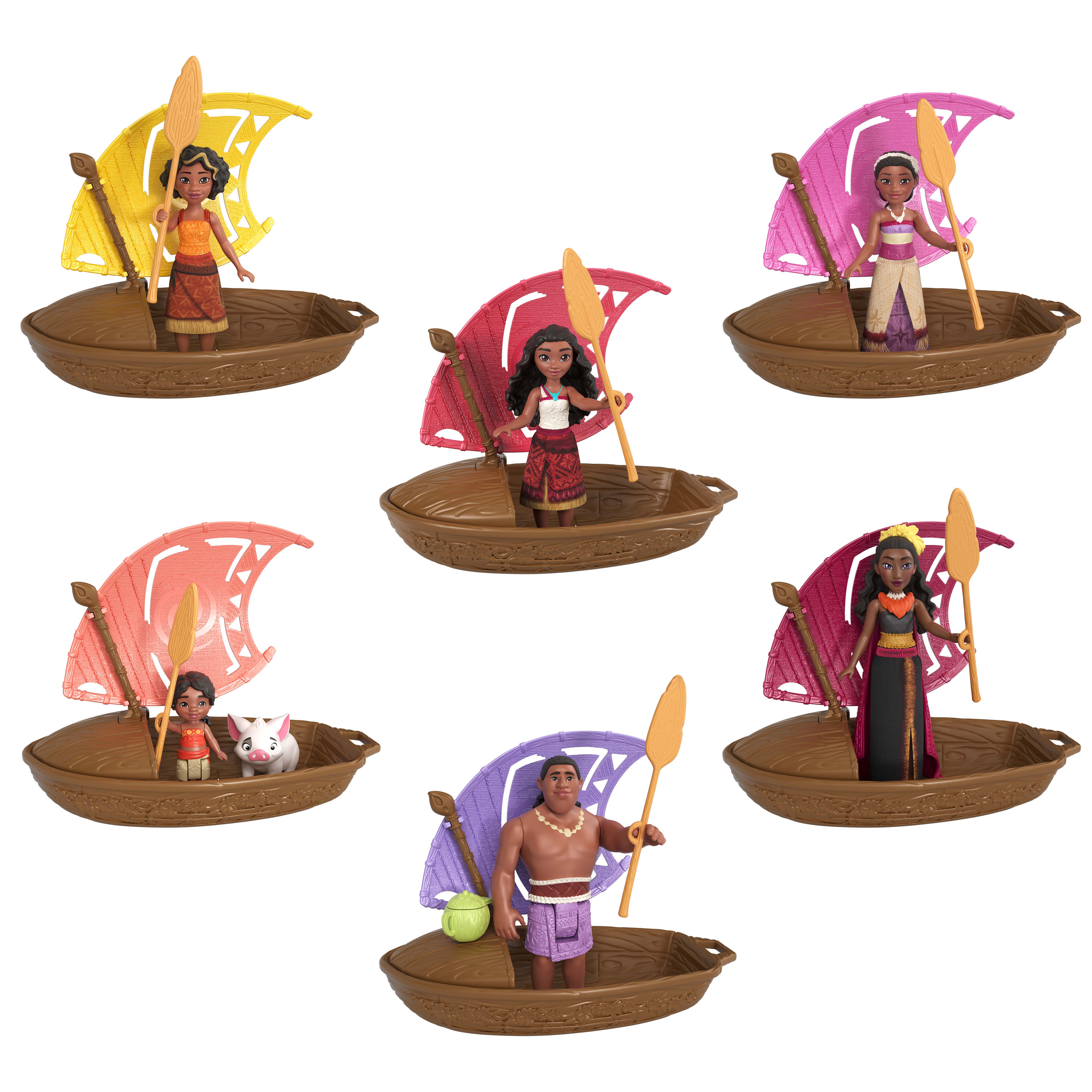 Sechs Spielzeugboote mit Moana-Figuren. Jedes Boot hat ein Segel und eine Figur mit Ruder. Weißer Hintergrund.