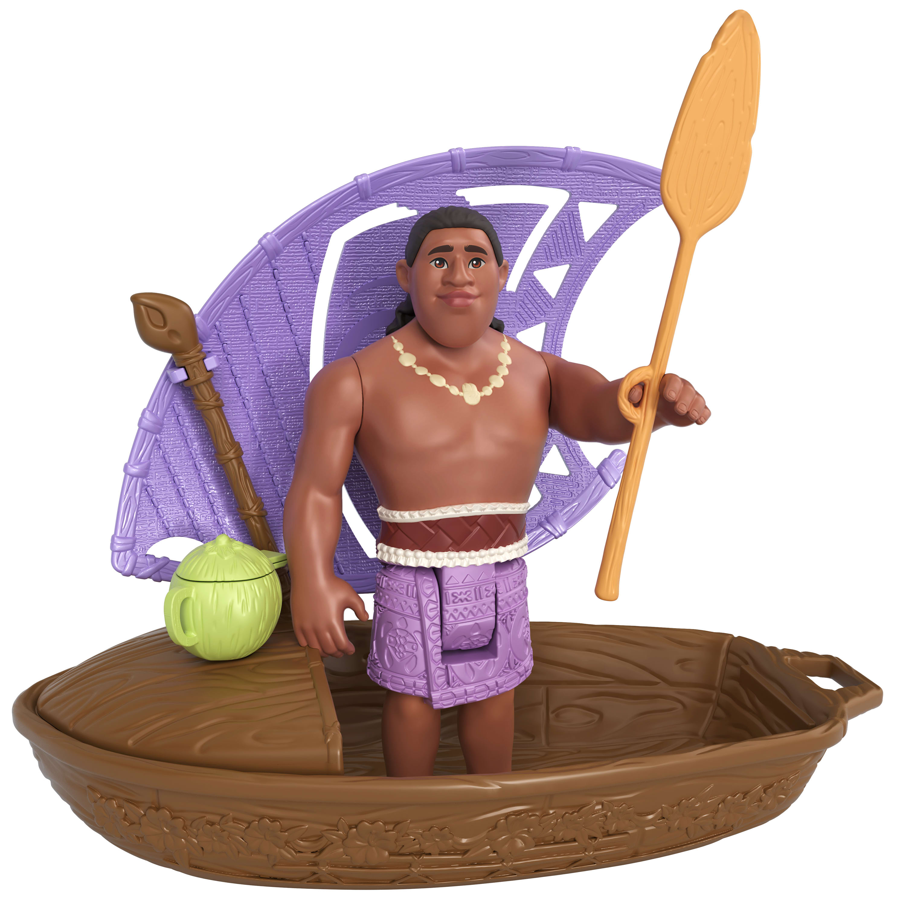 Spielfigur eines Mannes in einem Boot mit Segel. Er hält ein Paddel. Das Boot hat einen grünen Topf.