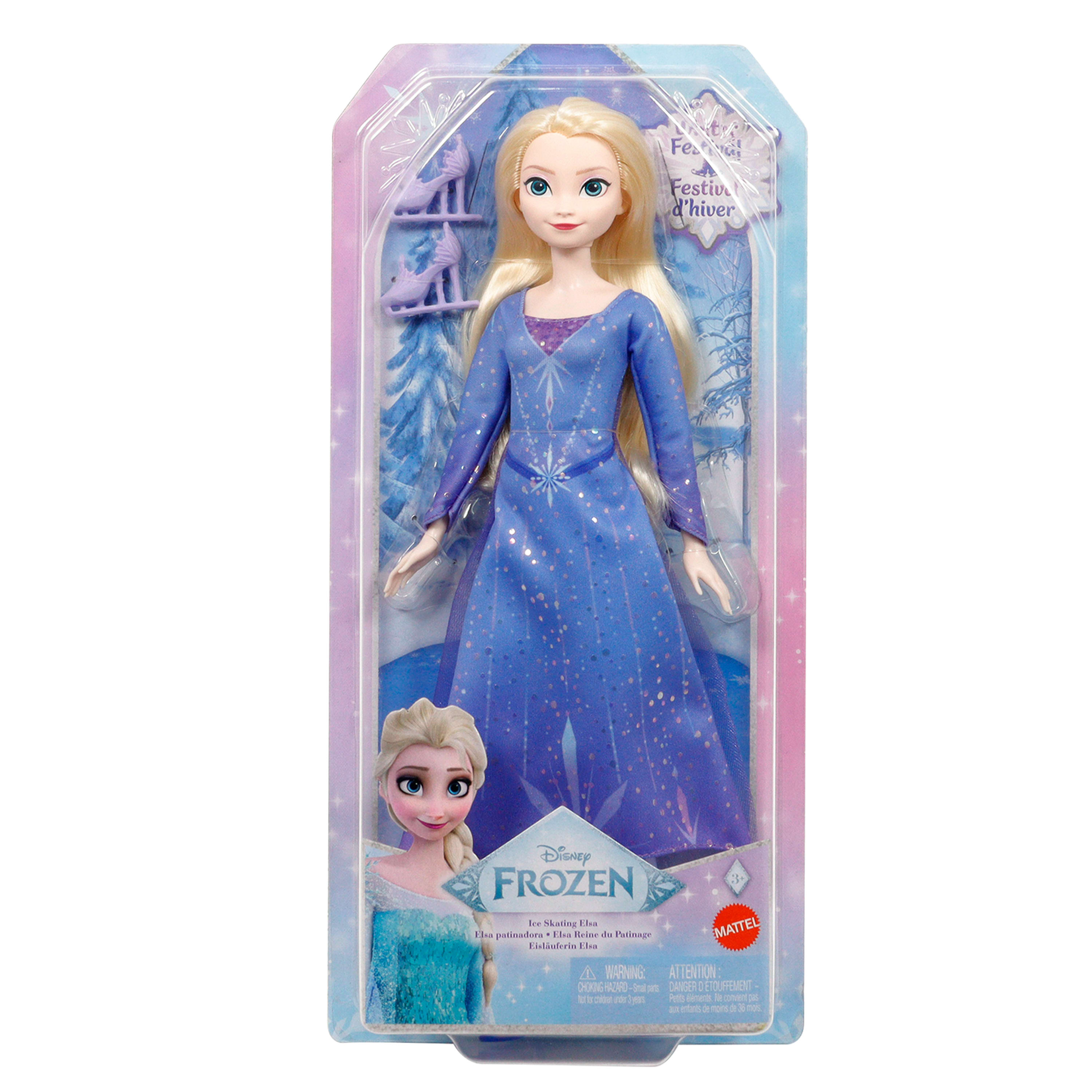 Lalka Frozen w opakowaniu. Przedstawia Elsę w niebieskiej sukience, z akcesoriami do jazdy na łyżwach i logo Disney Frozen.