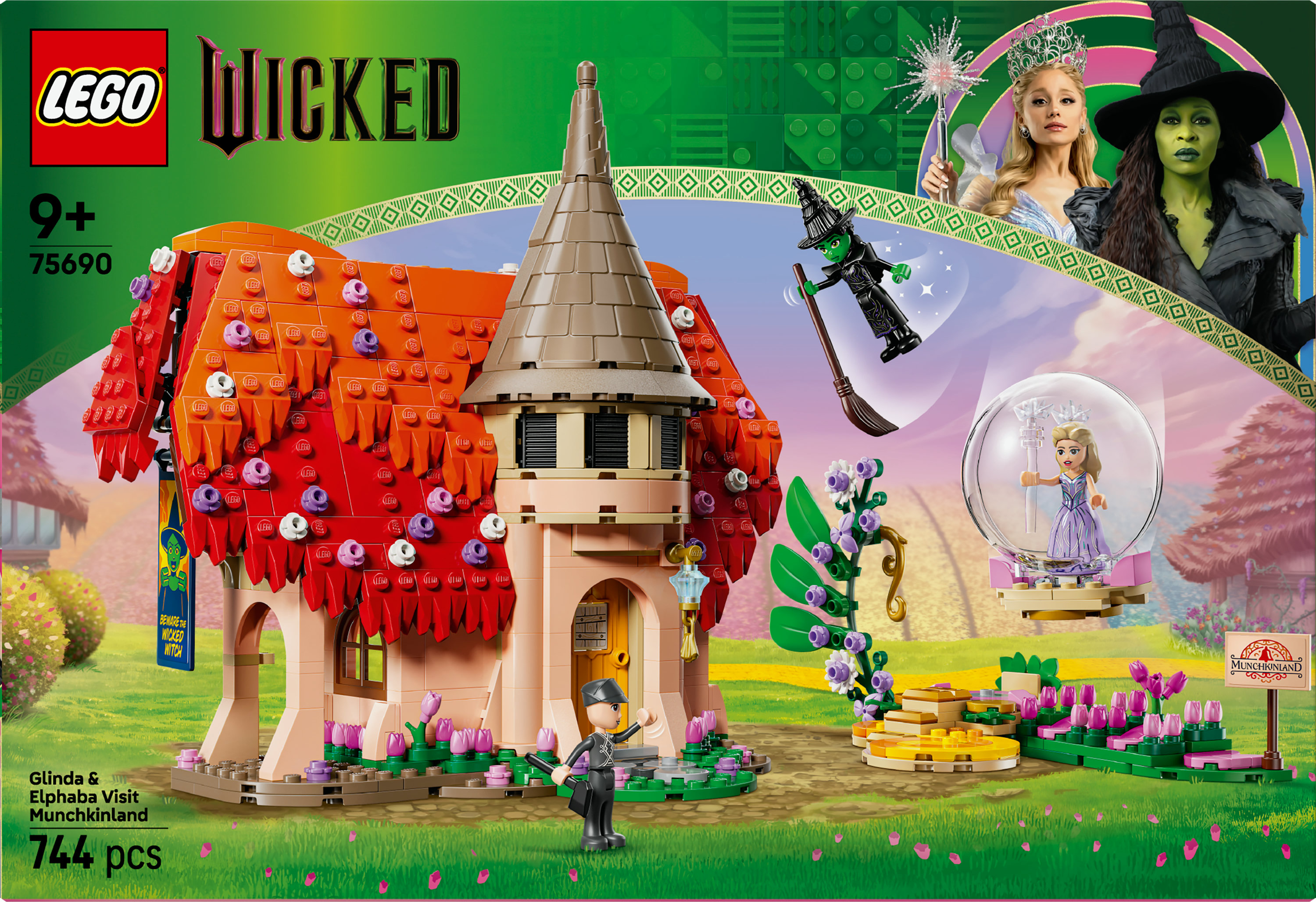 Lego Wicked-Set-Box. Sie zeigt ein Haus, Figuren und Charaktere aus dem Musical. Die Box ist grün mit Lego-Branding.