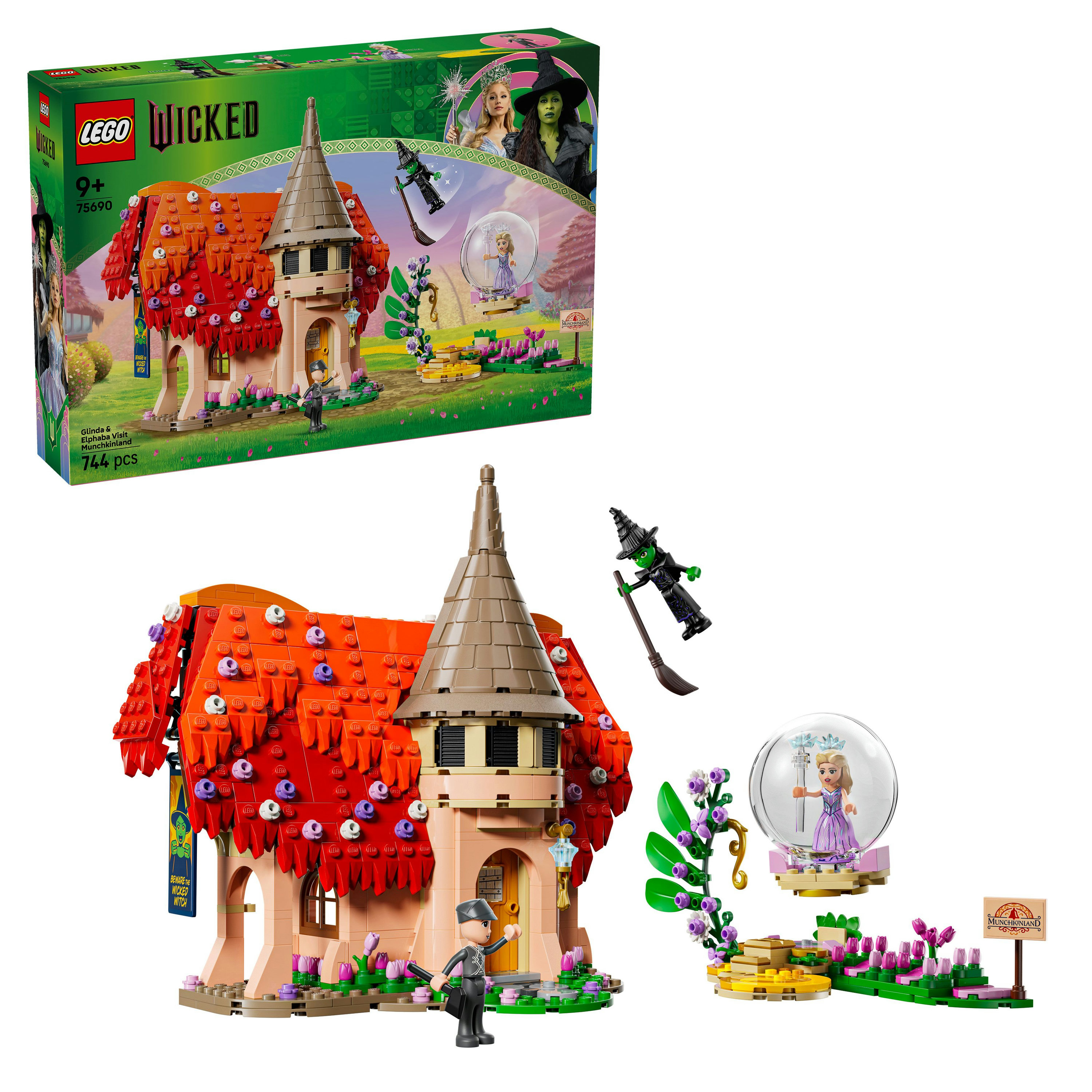 Lego-Set, das ein Haus mit rotem Dach darstellt. Enthält Figuren einer Hexe, Glinda in einer Schneekugel und einen Wächter.