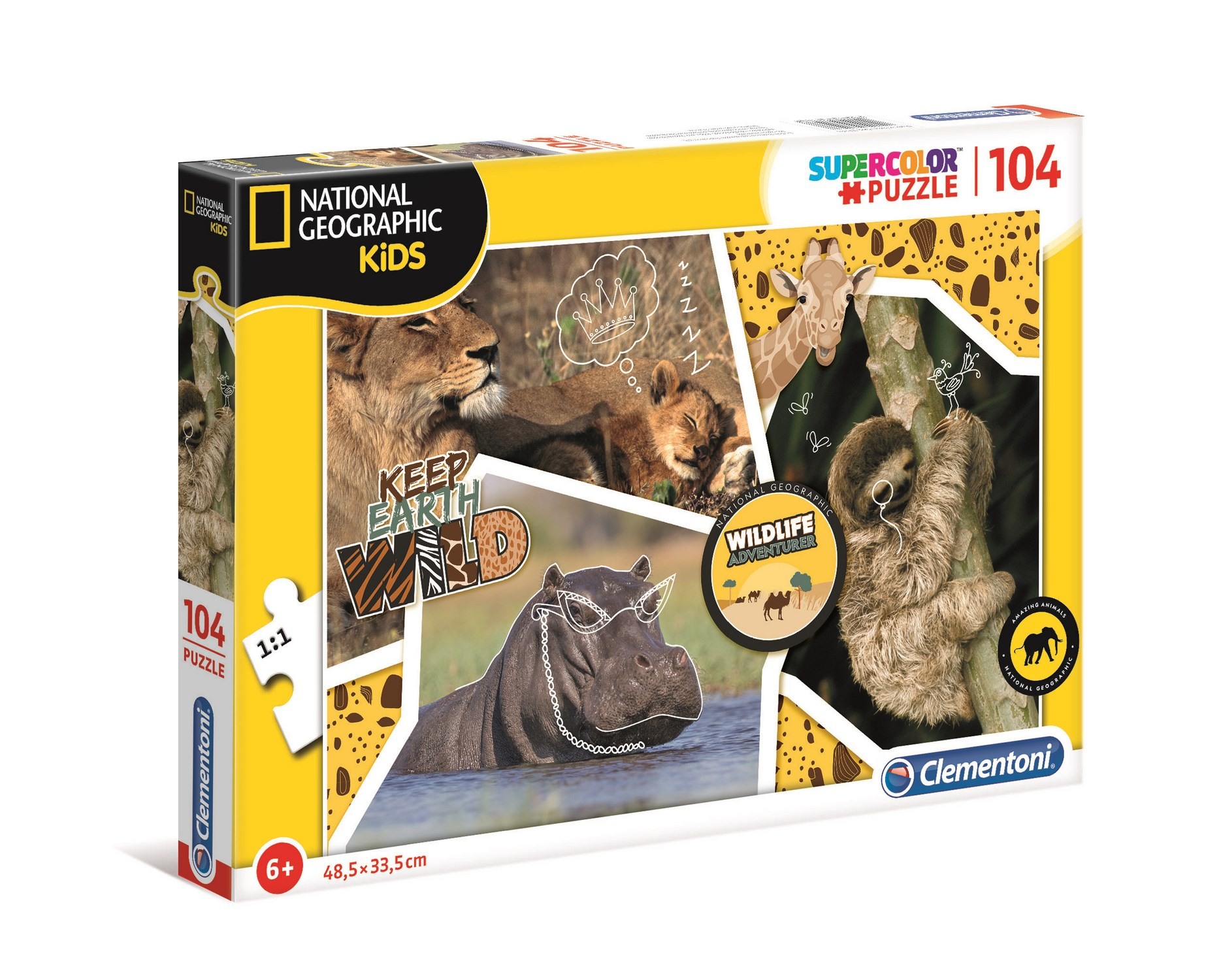 Pudełko z puzzlami ze zdjęciami lwa, hipopotama, żyrafy i leniwca. Oznaczone jest jako 'National Geographic Kids' i 'Wildlife Adventure'.