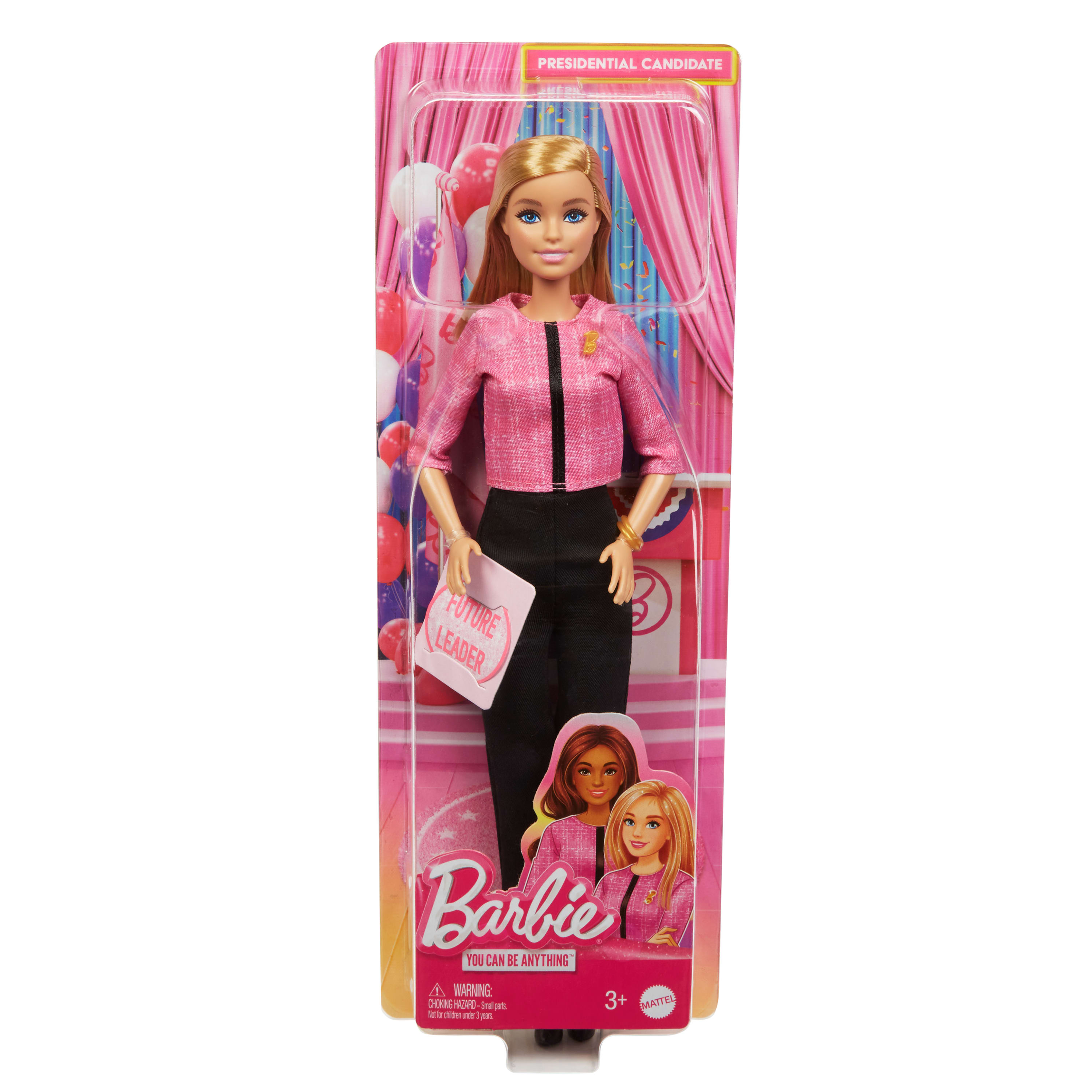 Barbie-Puppe, Präsidentschaftskandidatin, in rosa Anzug und schwarzer Hose, hält ein Schild mit der Aufschrift 'Future Leader'.