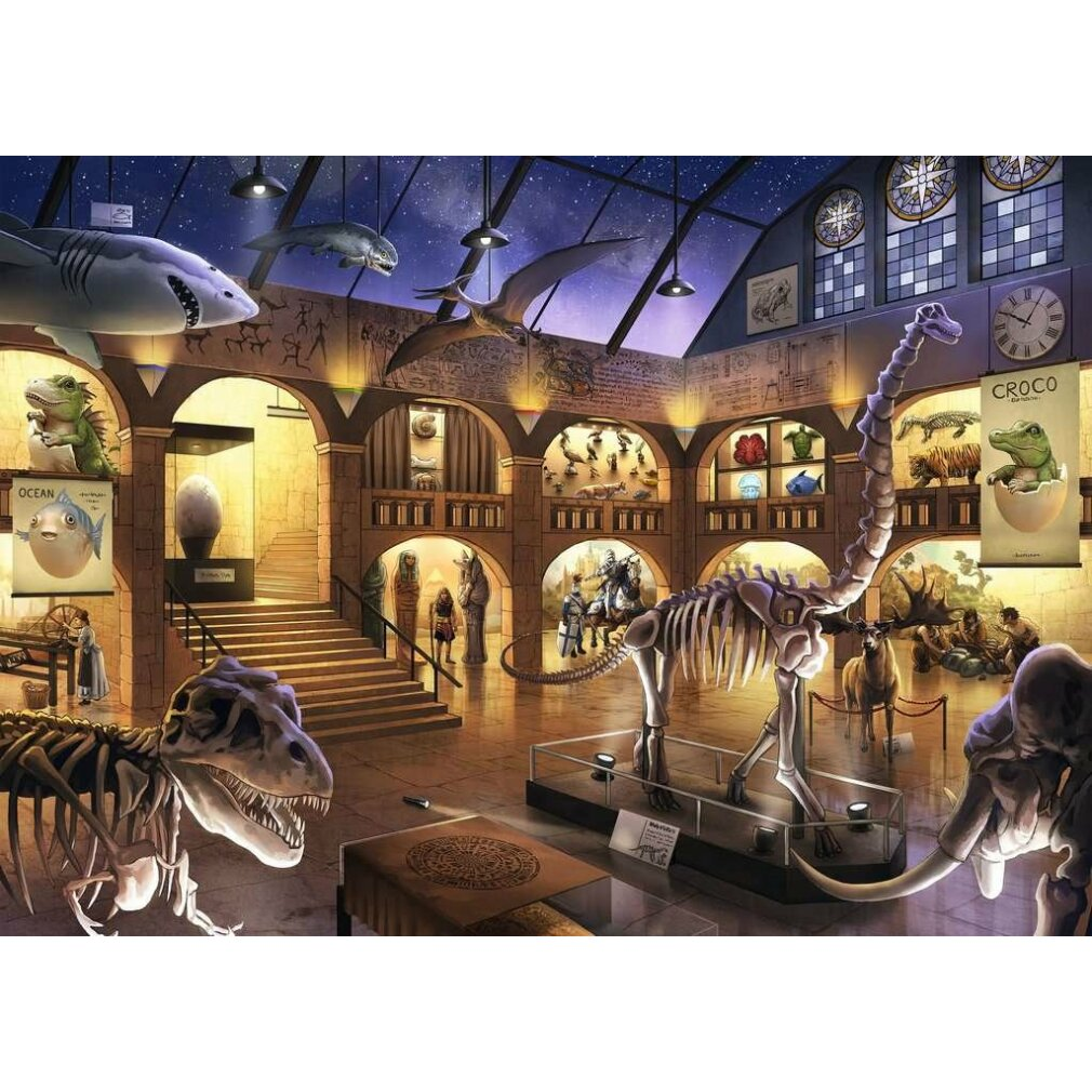 Scena del museo. Scheletri di dinosauri, modelli di squali e pterosauri e varie mostre sono esposti. Sono presenti visitatori.