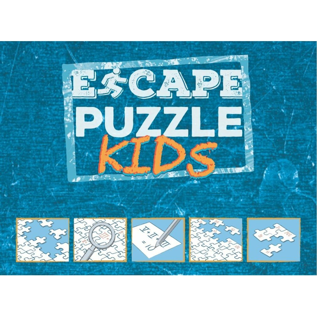 Immagine con testo 'Escape Puzzle Kids'. Sotto, immagini di puzzle, lente d'ingrandimento, problema di matematica e pezzi.