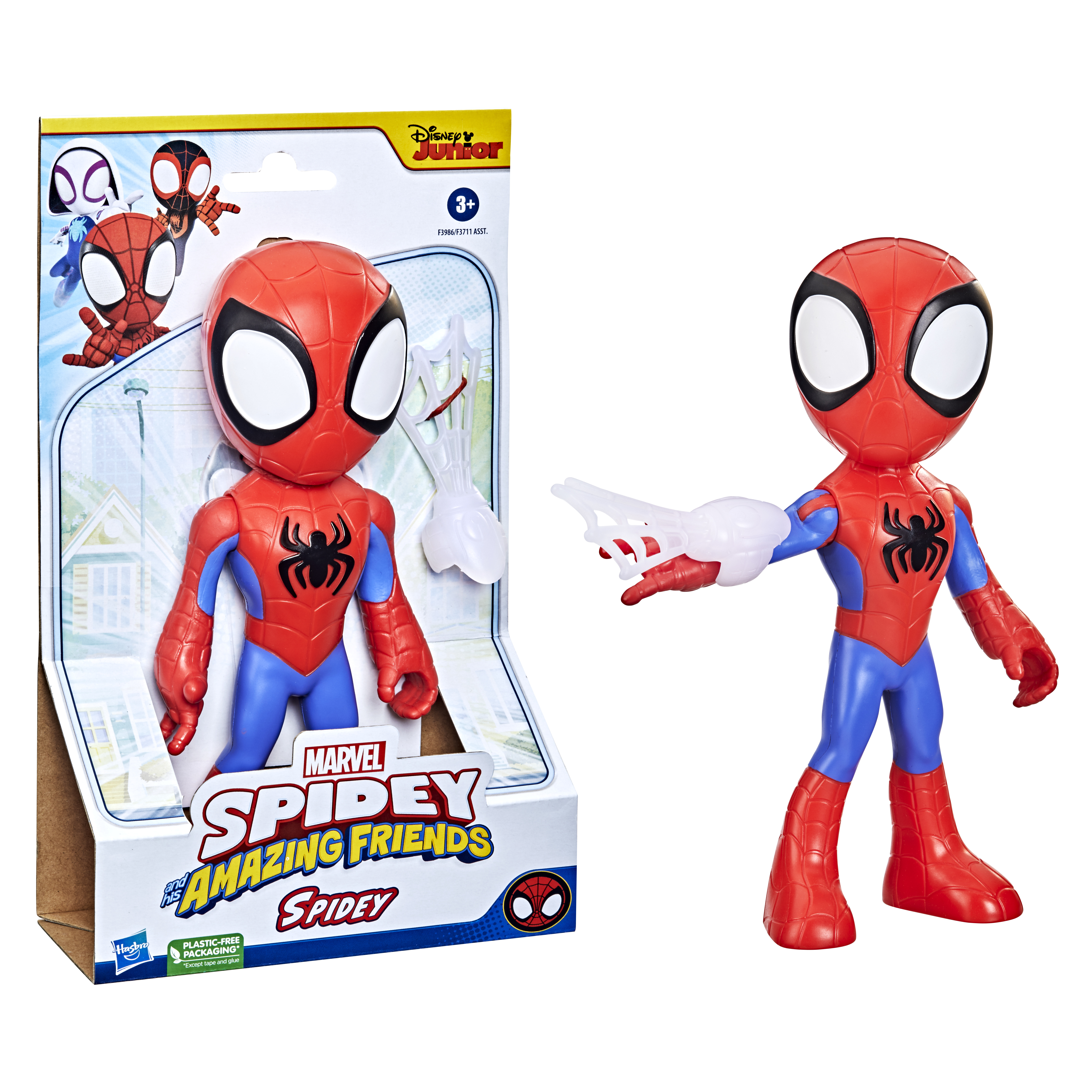 Figura de Spidey en una caja. Traje rojo y azul con lanzadores de telarañas blancos. La caja muestra a Spidey y amigos.