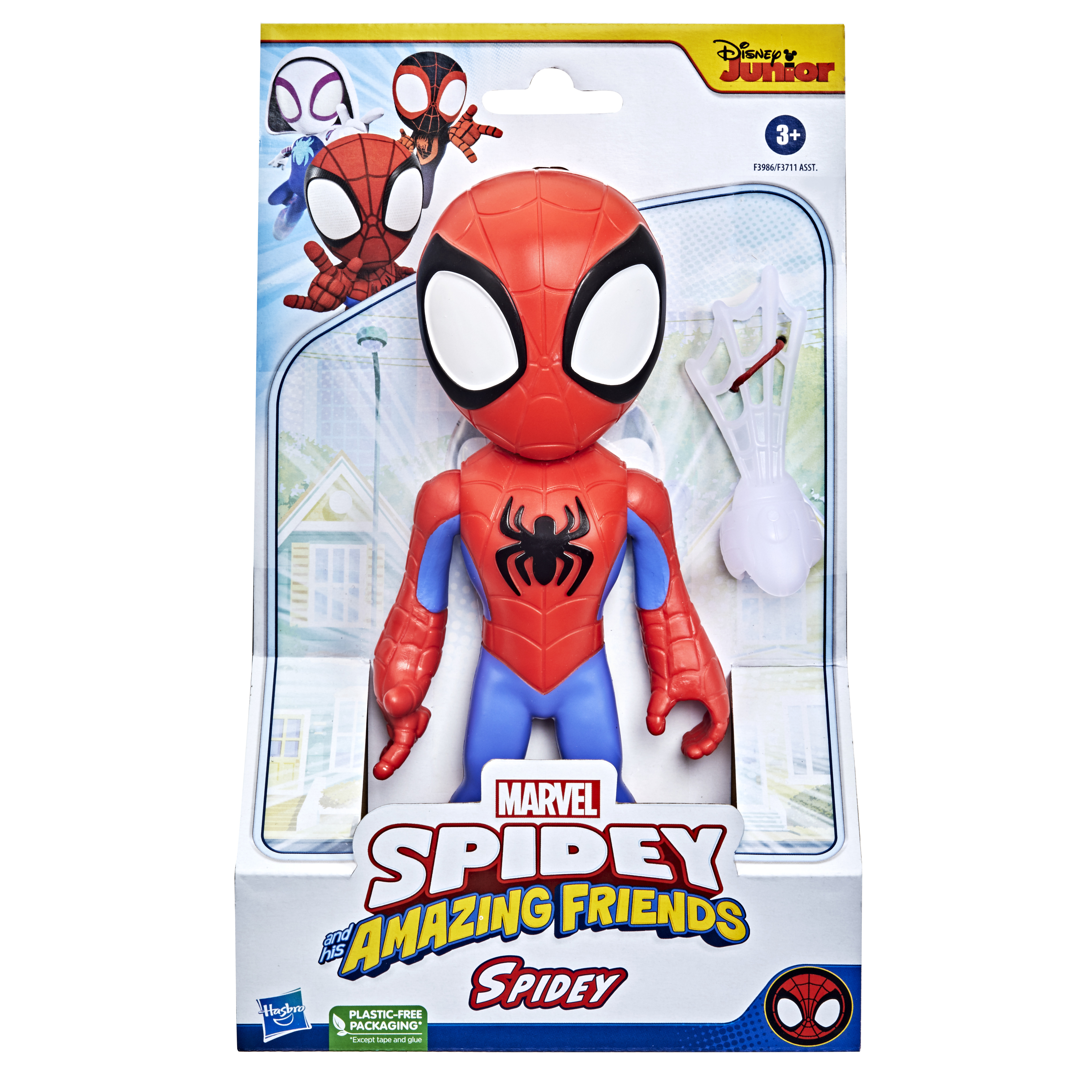 Figura de Spidey en paquete. Traje rojo y azul. Logotipo de Spider-Man. Logotipo de Disney Junior. Edad 3+.