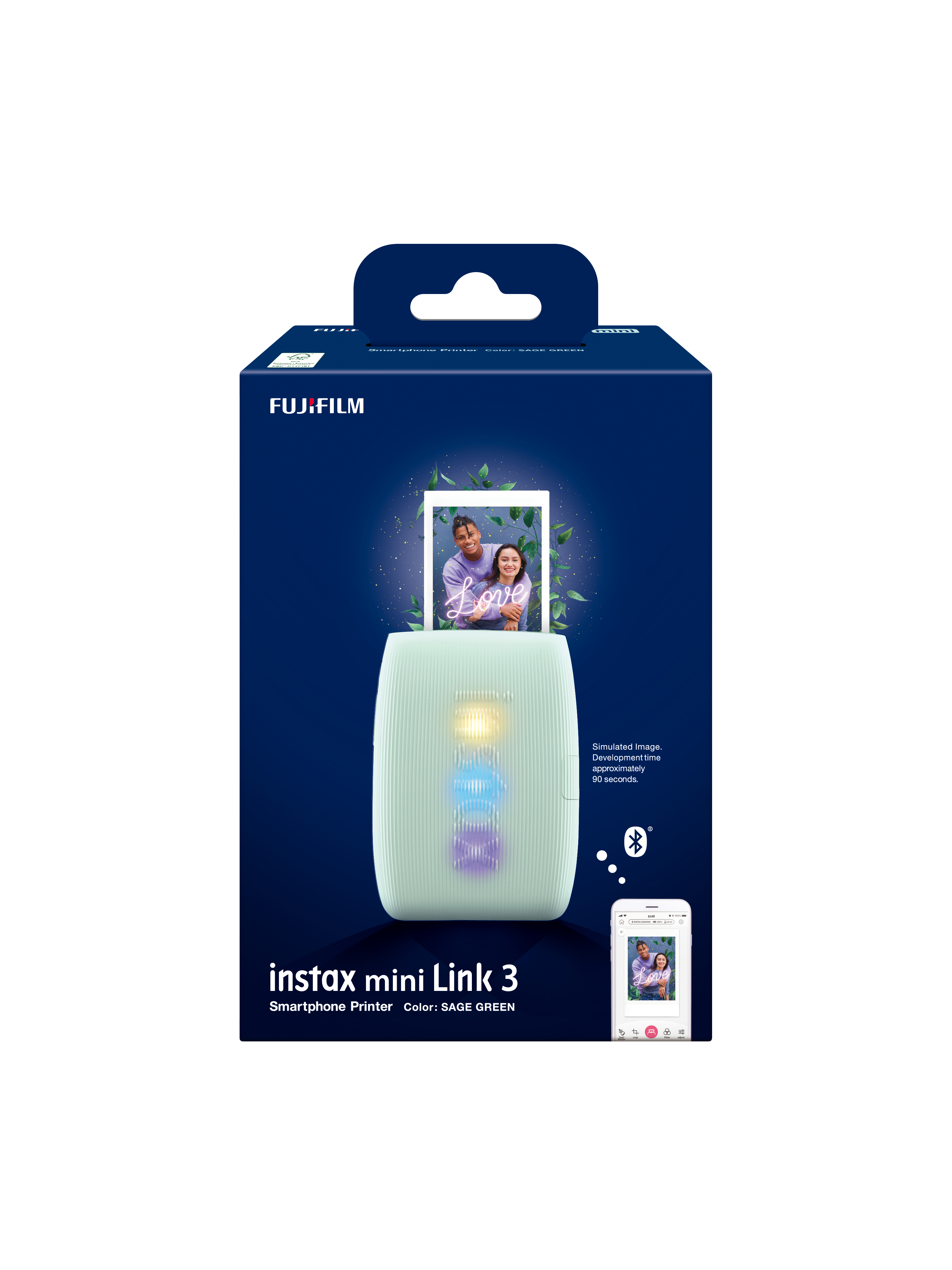 Verpakte Instax mini Link 3 printer in saliegroen. Met foto en telefoon met afbeelding. Donkerblauwe achtergrond.