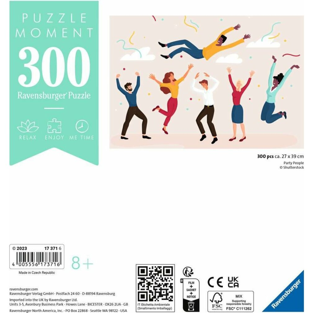 Puzzledose mit fröhlichen Menschen, Konfetti und Text. Enthält Puzzledetails, Altersangabe und Firmenlogo.