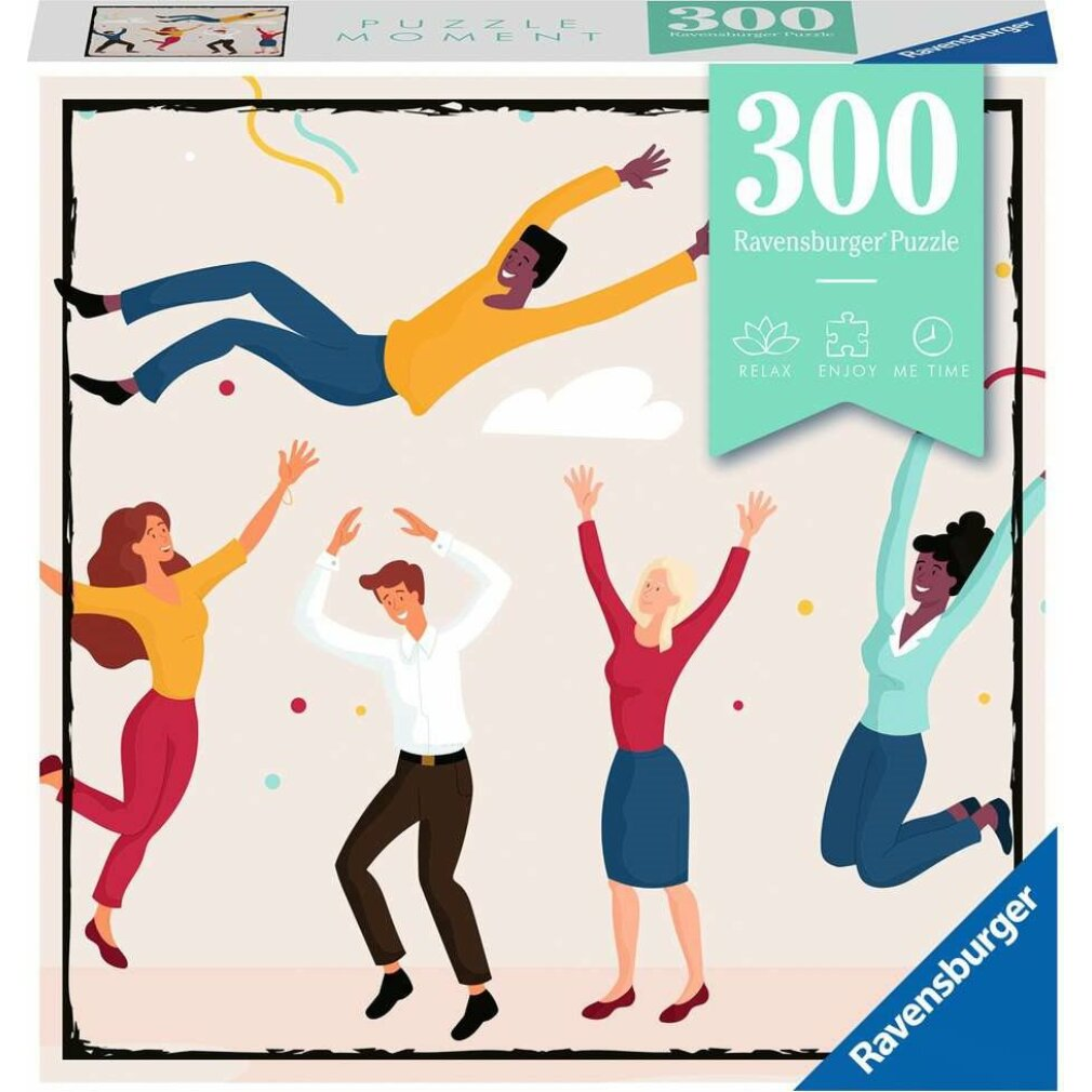 Puzzledose mit fröhlich posierenden Menschen. Oben schwebt ein Mann. Auf der Box steht Ravensburger und 300 Teile.