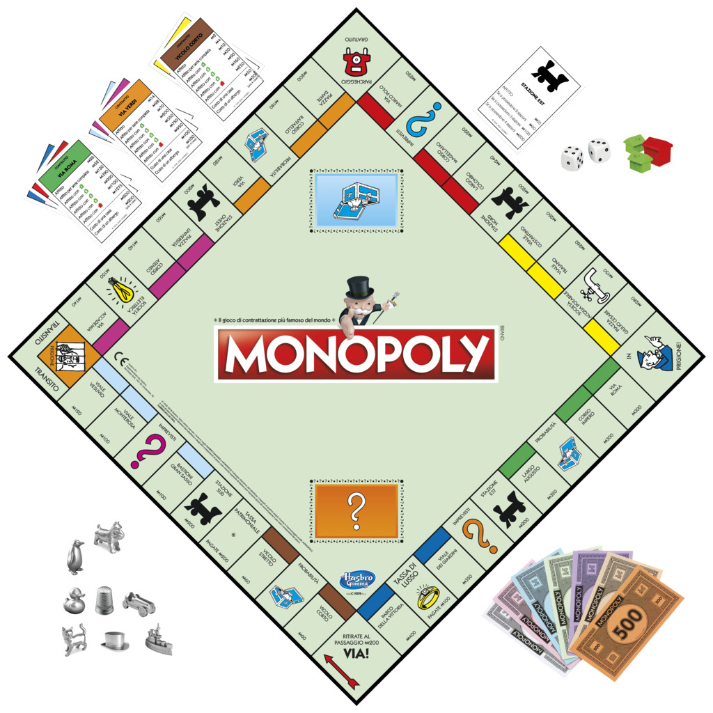 Gra planszowa Monopoly. Zawiera planszę, karty, kostki, domy, hotele i pionki. Widoczne pieniądze i nieruchomości.