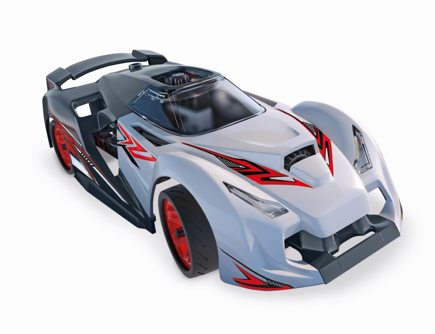 Ein weißes und schwarzes futuristisches Rennauto mit roten Akzenten auf weißem Hintergrund. Das Auto hat einen Spoiler und rote Räder.