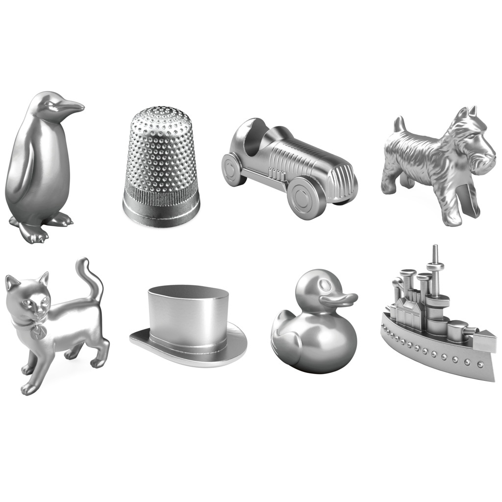Srebrne pionki z gry Monopoly: pingwin, naparstek, samochód wyścigowy, pies, kot, cylinder, kaczka i pancernik. Na białym tle.