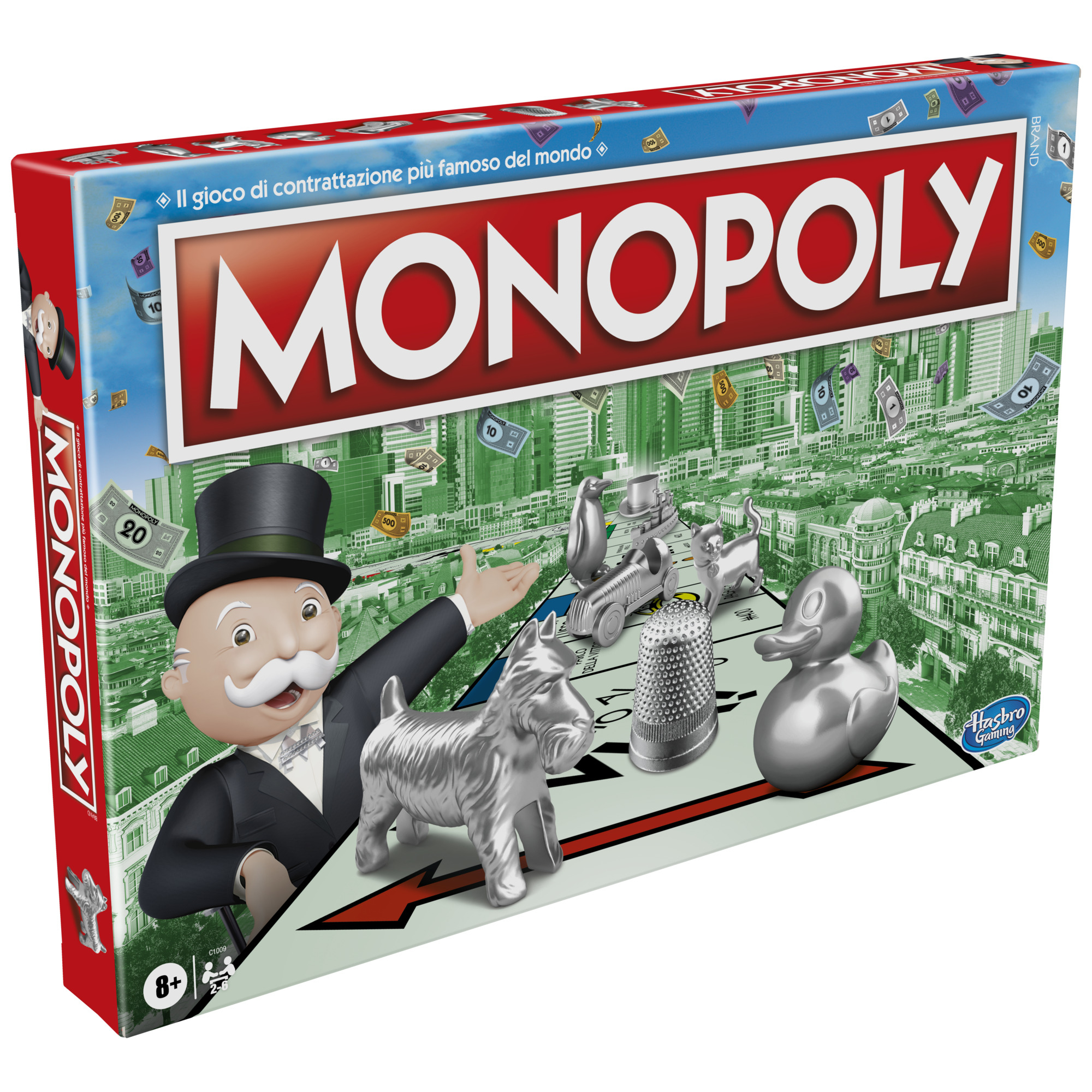 Pudełko gry Monopoly z mężczyzną Monopoly i pionkami. Tło przedstawia krajobraz miejski z latającymi pieniędzmi.