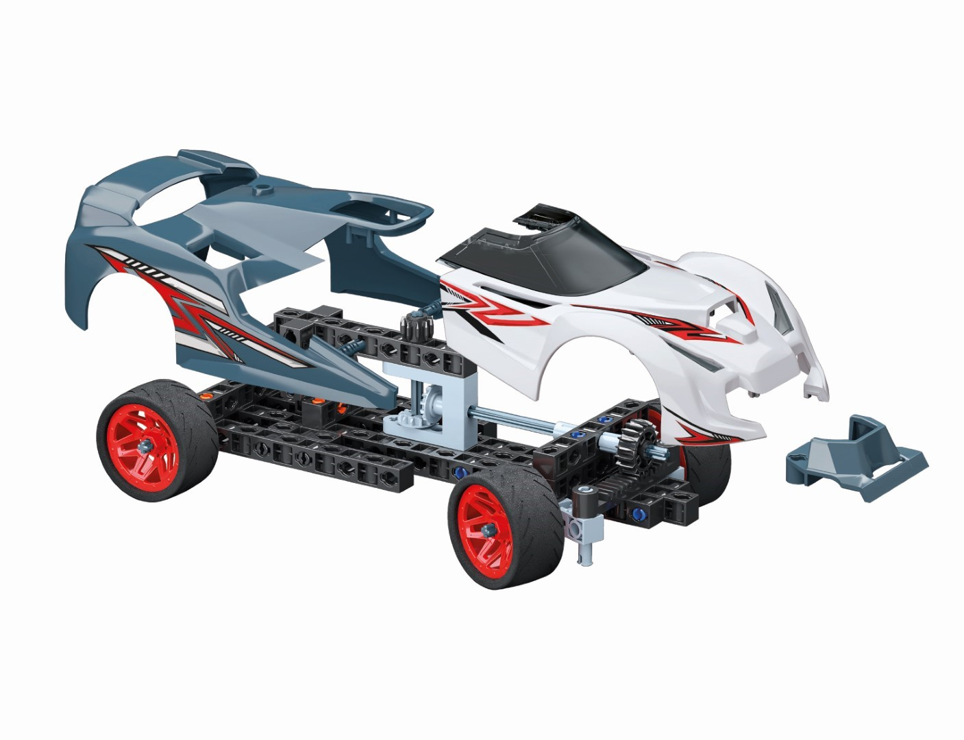 Ein zerlegtes Spielzeugauto mit weißen und blauen Teilen. Rote Räder, schwarzes Fahrgestell. Teile sind getrennt.