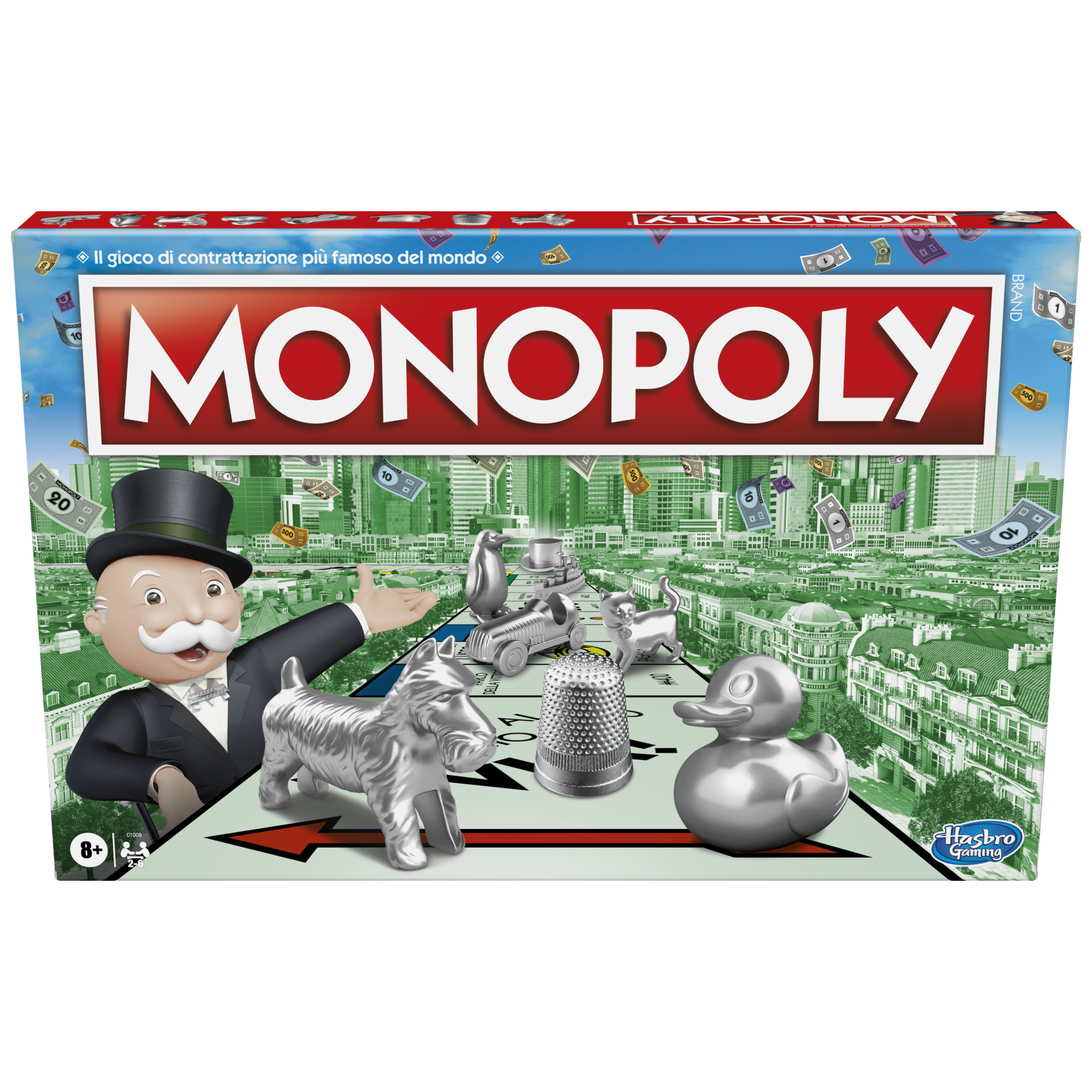Pudełko gry Monopoly z logo, postacią i pionkami. Budynki i latające pieniądze w tle.
