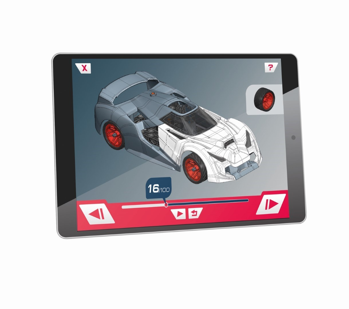 Ein Tablet zeigt ein Automodell mit roten Rädern und eine Montageanleitung. Die Oberfläche hat Wiedergabesteuerungen und eine Fortschrittsanzeige.