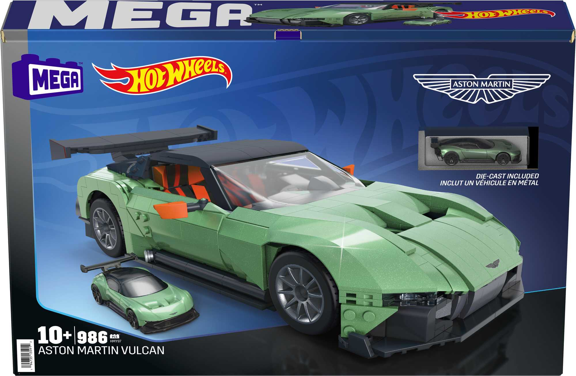 Zestaw Mega Construx Hot Wheels Aston Martin Vulcan. Ma zielony model samochodu i mniejszy model odlewany ciśnieniowo na niebieskim tle.