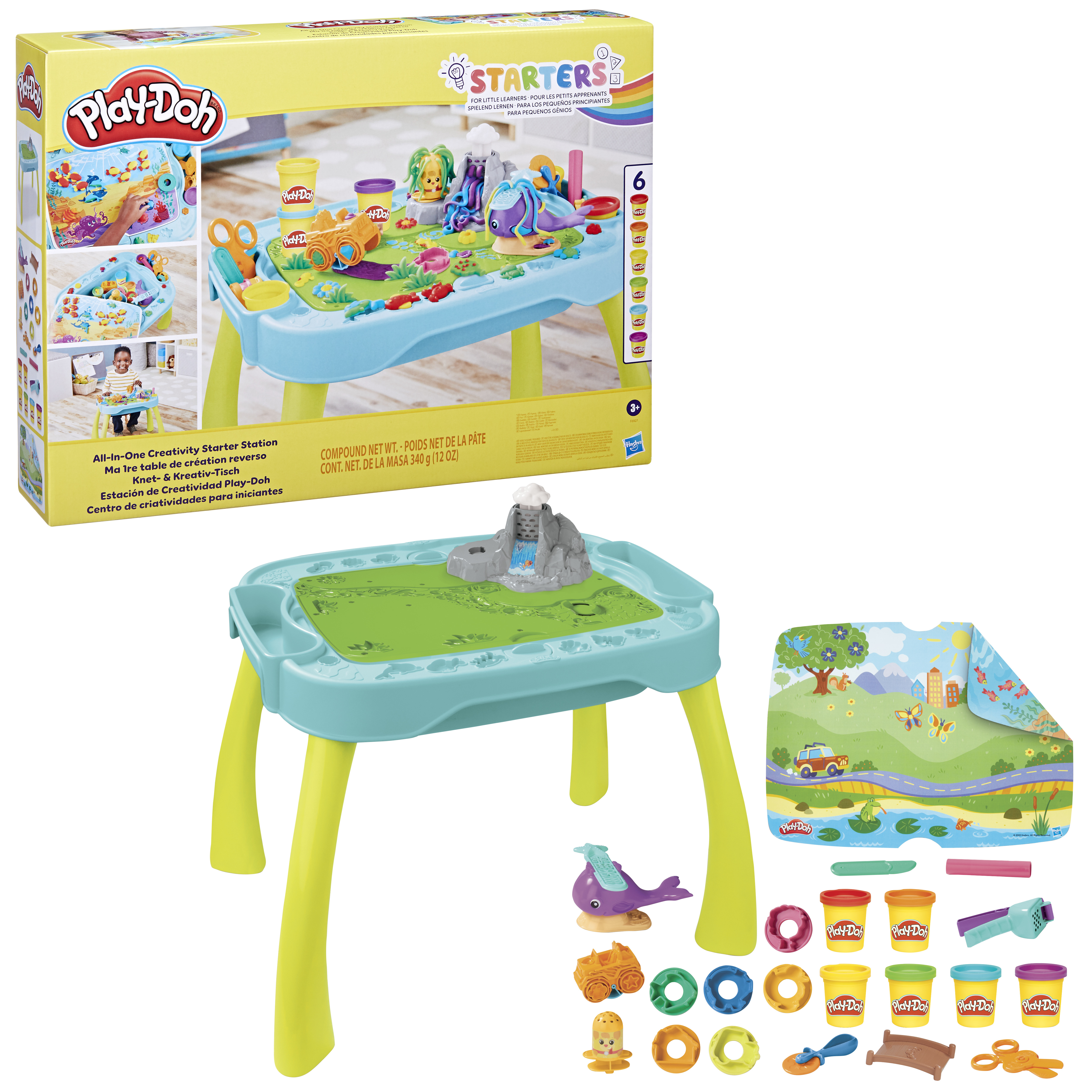 Set de iniciación Play-Doh con mesa, accesorios y plastilina. La caja muestra la mesa y el contenido.