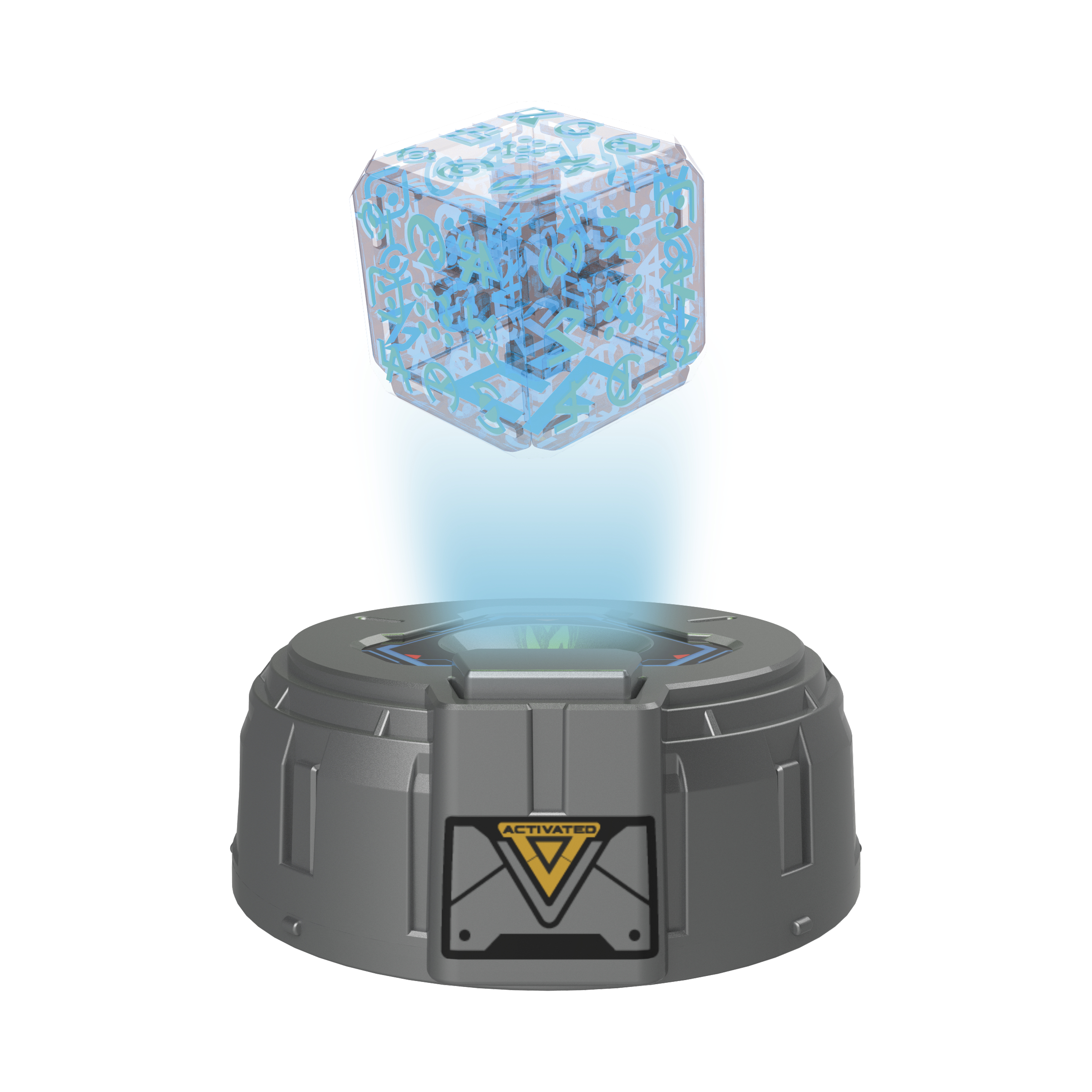 Eine futuristische graue Basis mit einem würfelförmigen Hologramm darüber. Das Hologramm hat blaue Symbole.