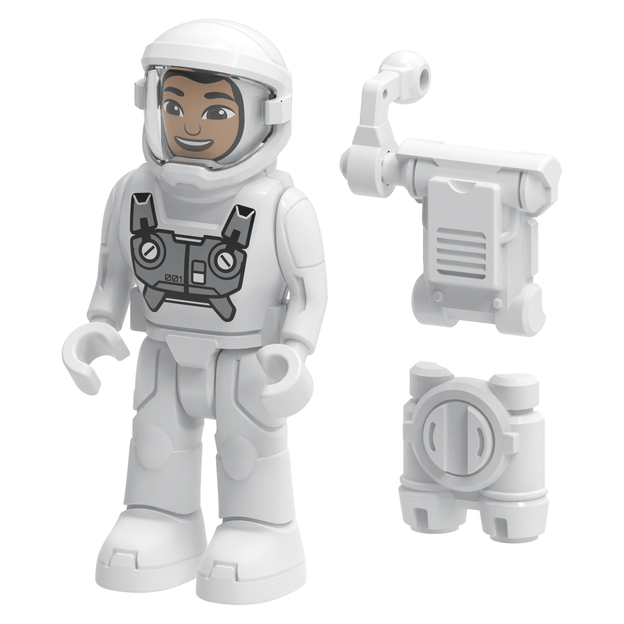 Eine weiße Astronautenfigur mit lächelndem Gesicht und zwei weißen, abgetrennten Komponenten auf weißem Hintergrund.