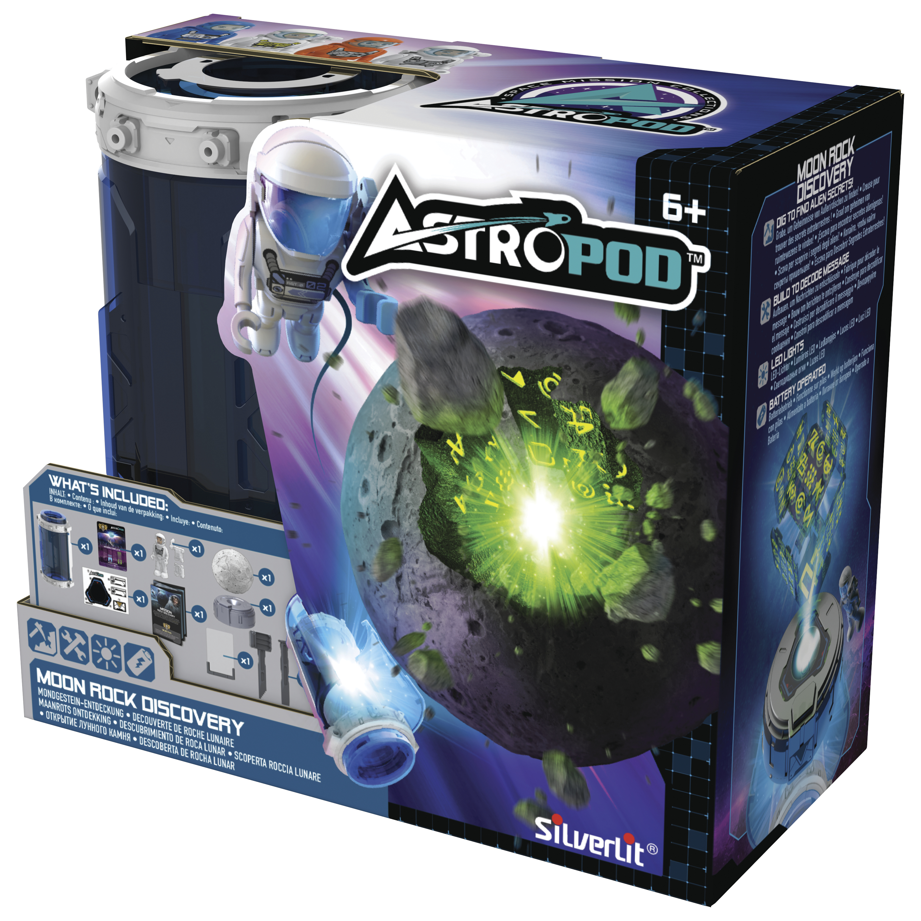 AstroPod-Box mit Mond, Felsen und Astronaut. Es hat Text und Bilder.