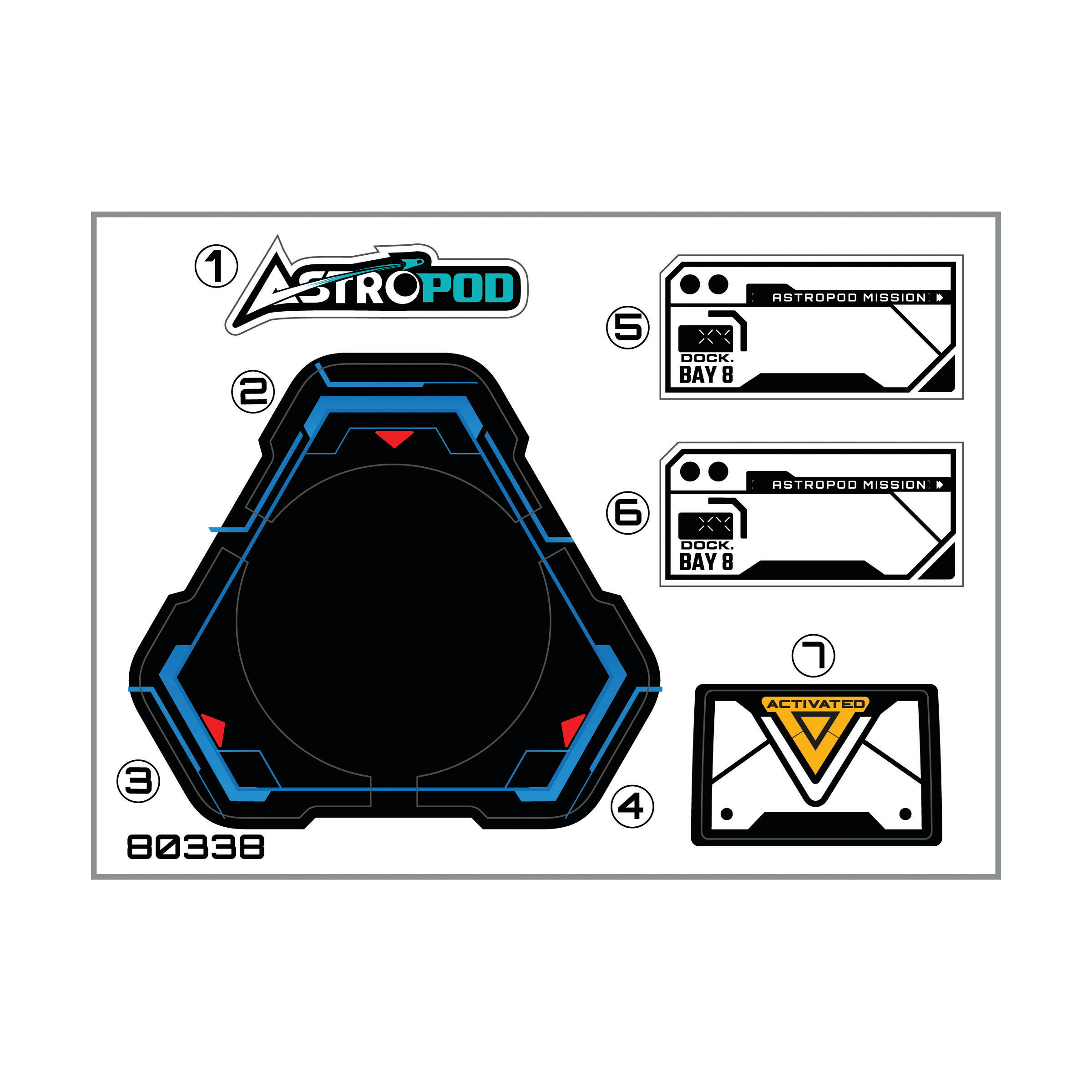 Diagramm mit blauen, schwarzen und gelben geometrischen Formen, Text und Zahlen. Enthält 'ASTROPOD' und 'ACTIVATED'.