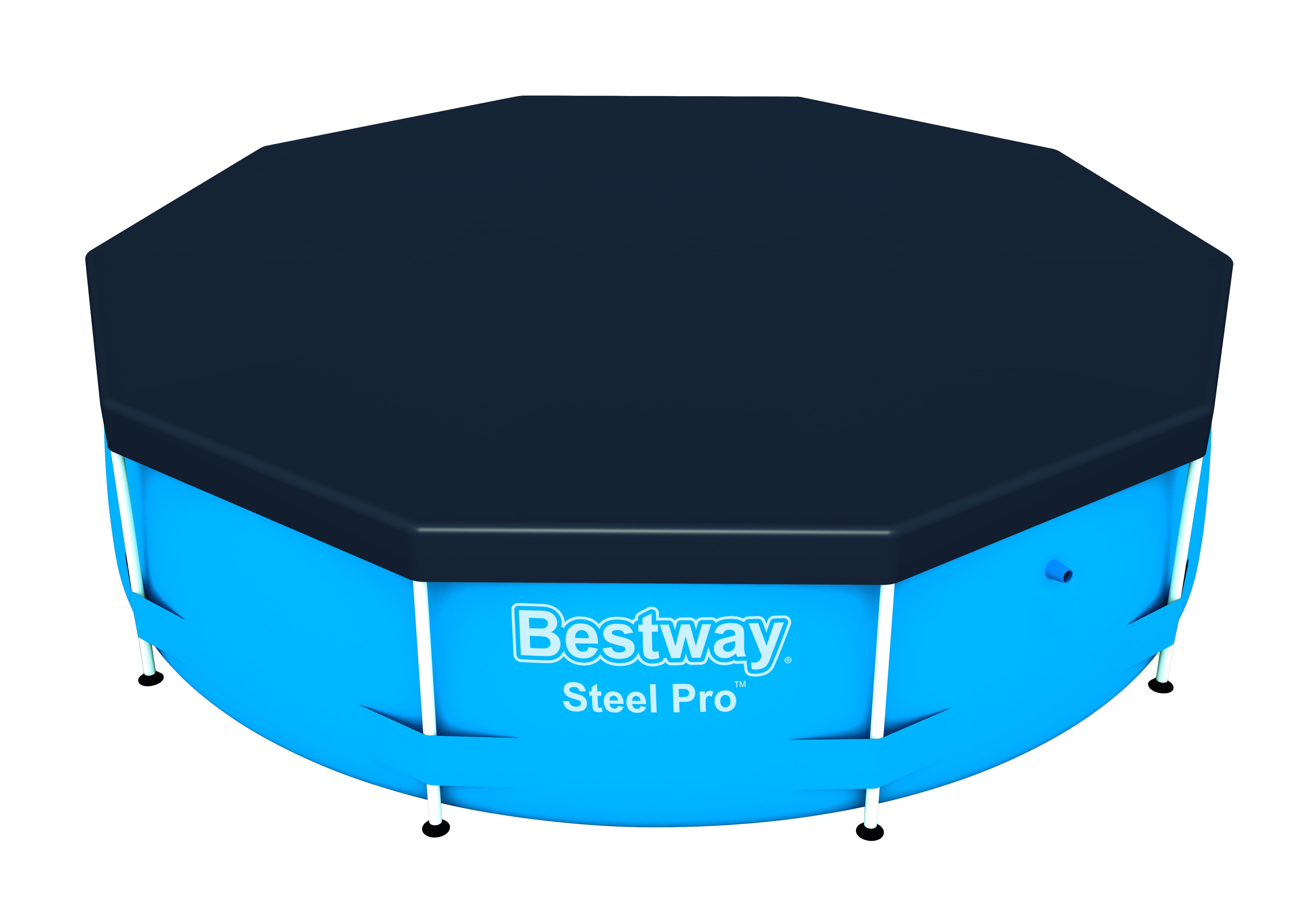 Blaues und schwarzes Becken mit Abdeckung. Die Marke Bestway ist auf der Seite aufgedruckt. Isoliert auf weißem Hintergrund.