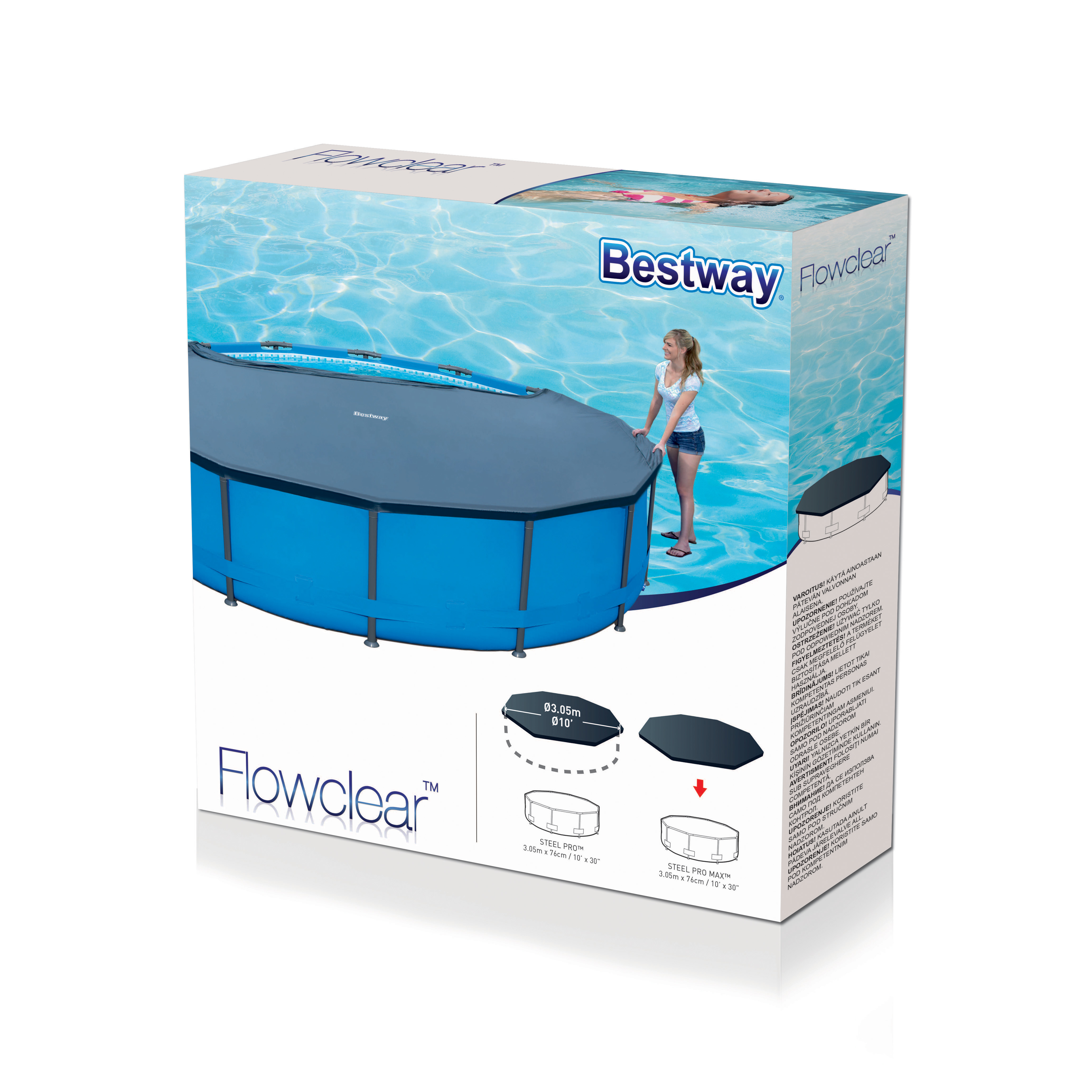 Verpackter oberirdischer Pool. Eine Frau steht am Pool. Die Box hat ein Poolbild und den Markennamen.
