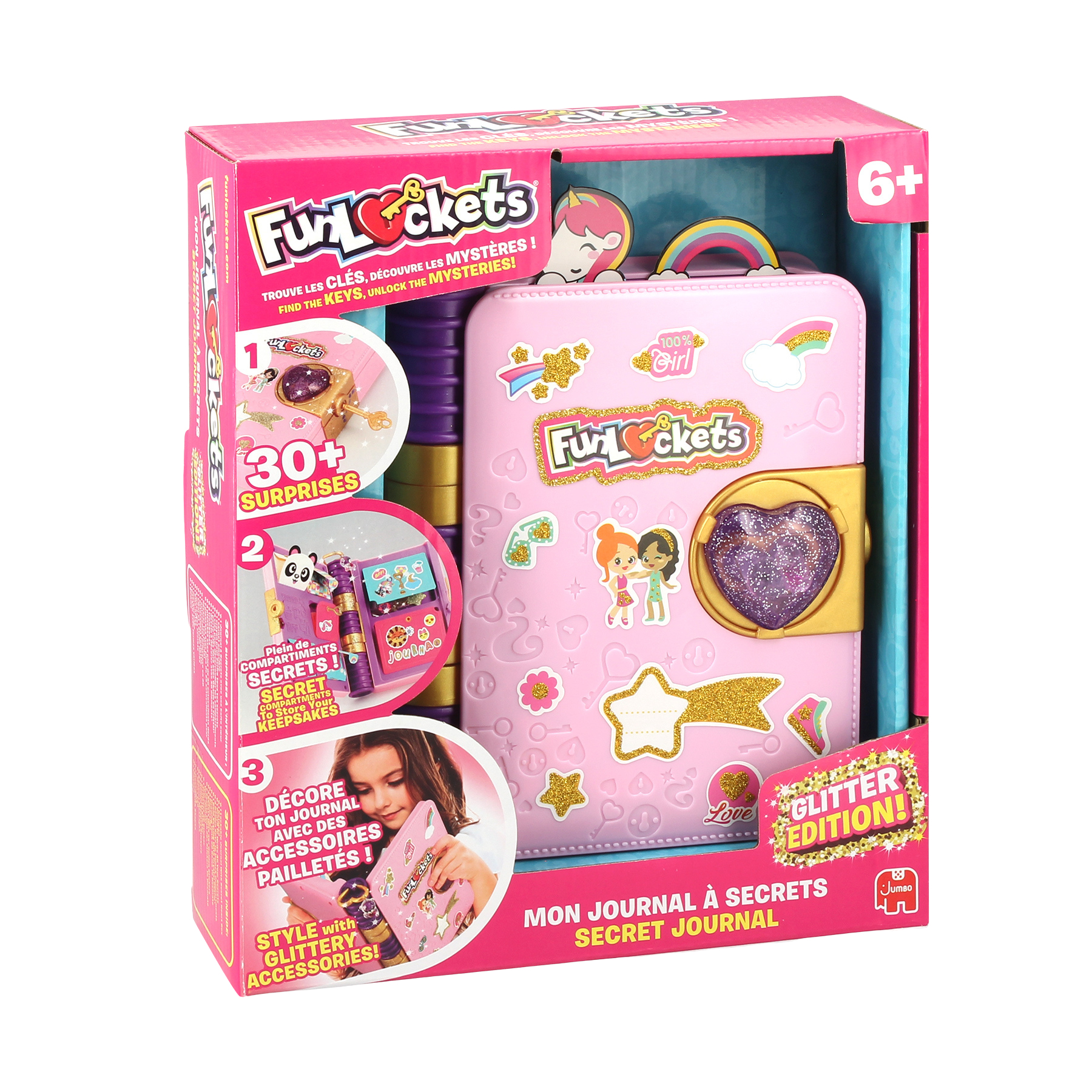 Różowe pudełko FunLockets z sekretnym dziennikiem, naklejkami i zamkiem. Na pudełku napis 'Glitter Edition' i '6+'.