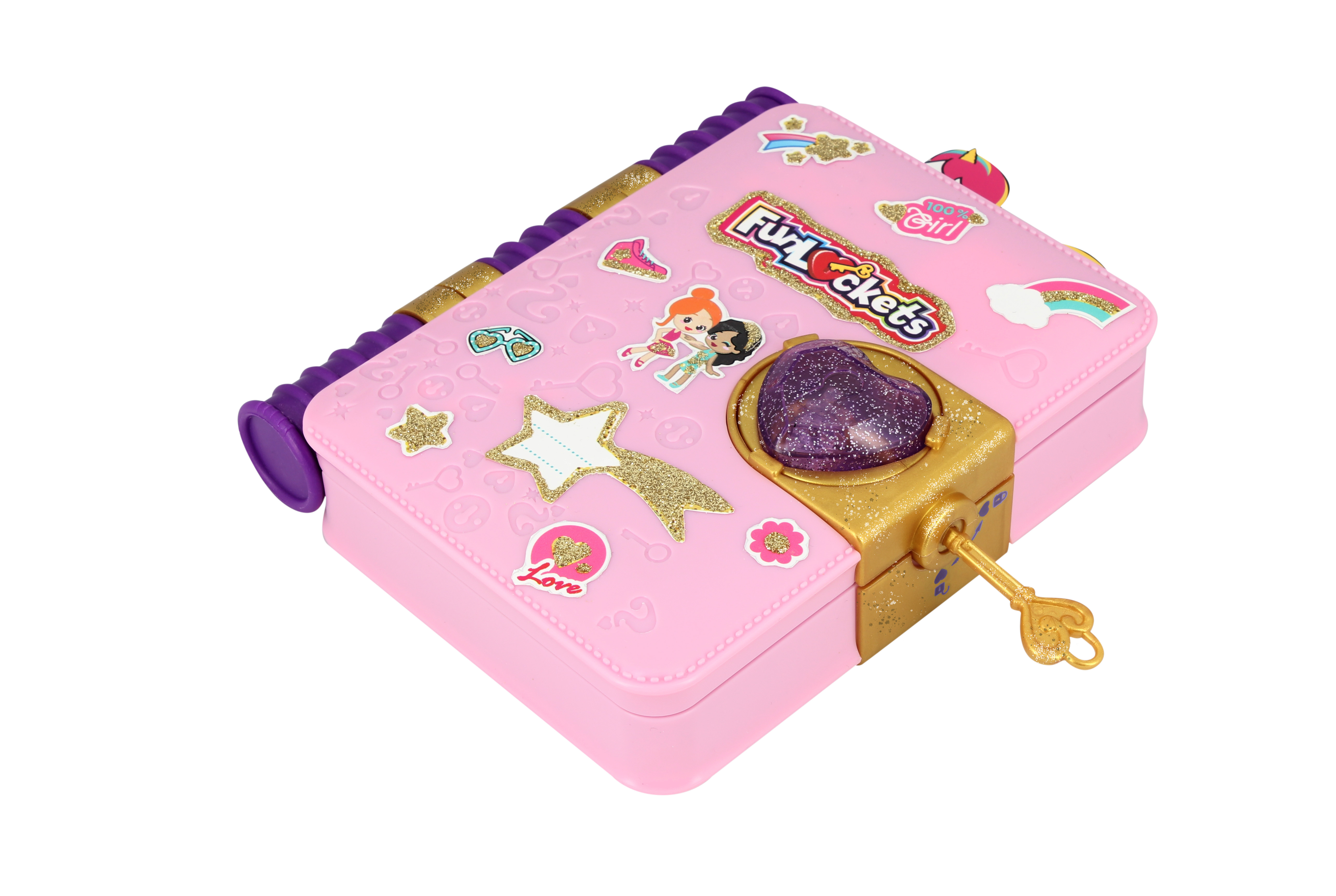 Różowy dziennik Fun Lockets z naklejkami, sercową kłódką i złotym kluczem.