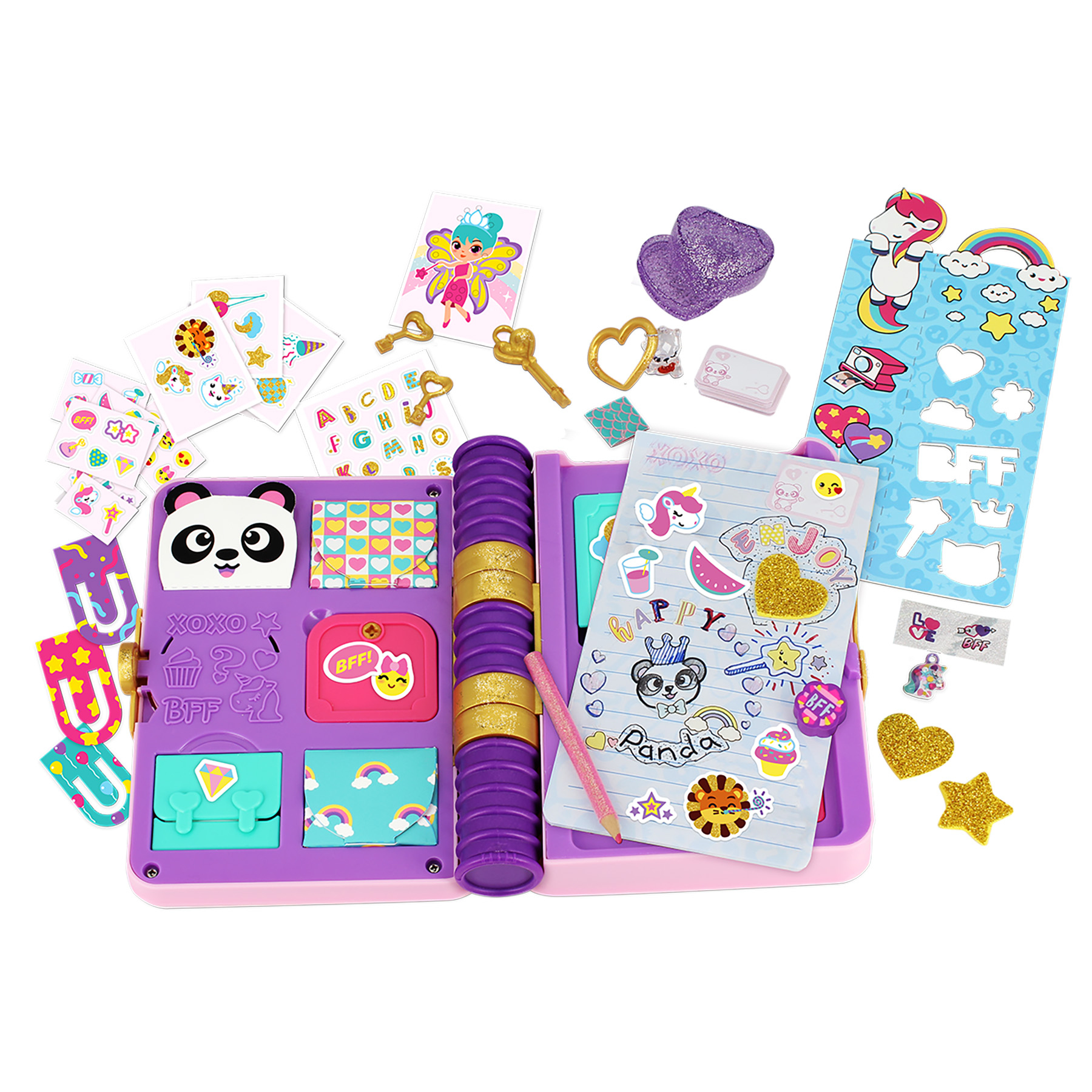 Kolorowy zestaw do pamiętnika z naklejkami, pandą, jednorożcem i ołówkiem, wszystko na białym tle.