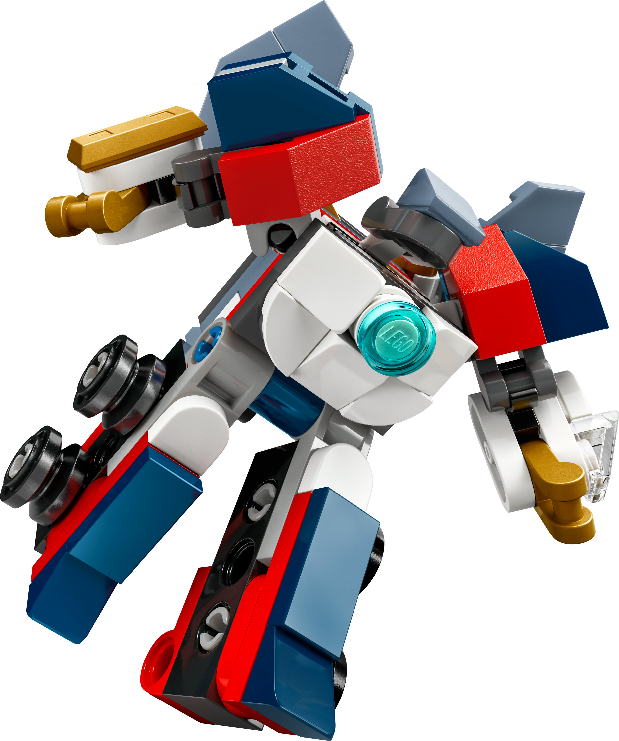 Robot LEGO z niebieskimi, czerwonymi, złotymi i białymi częściami. Ma koła i turkusowe logo LEGO.