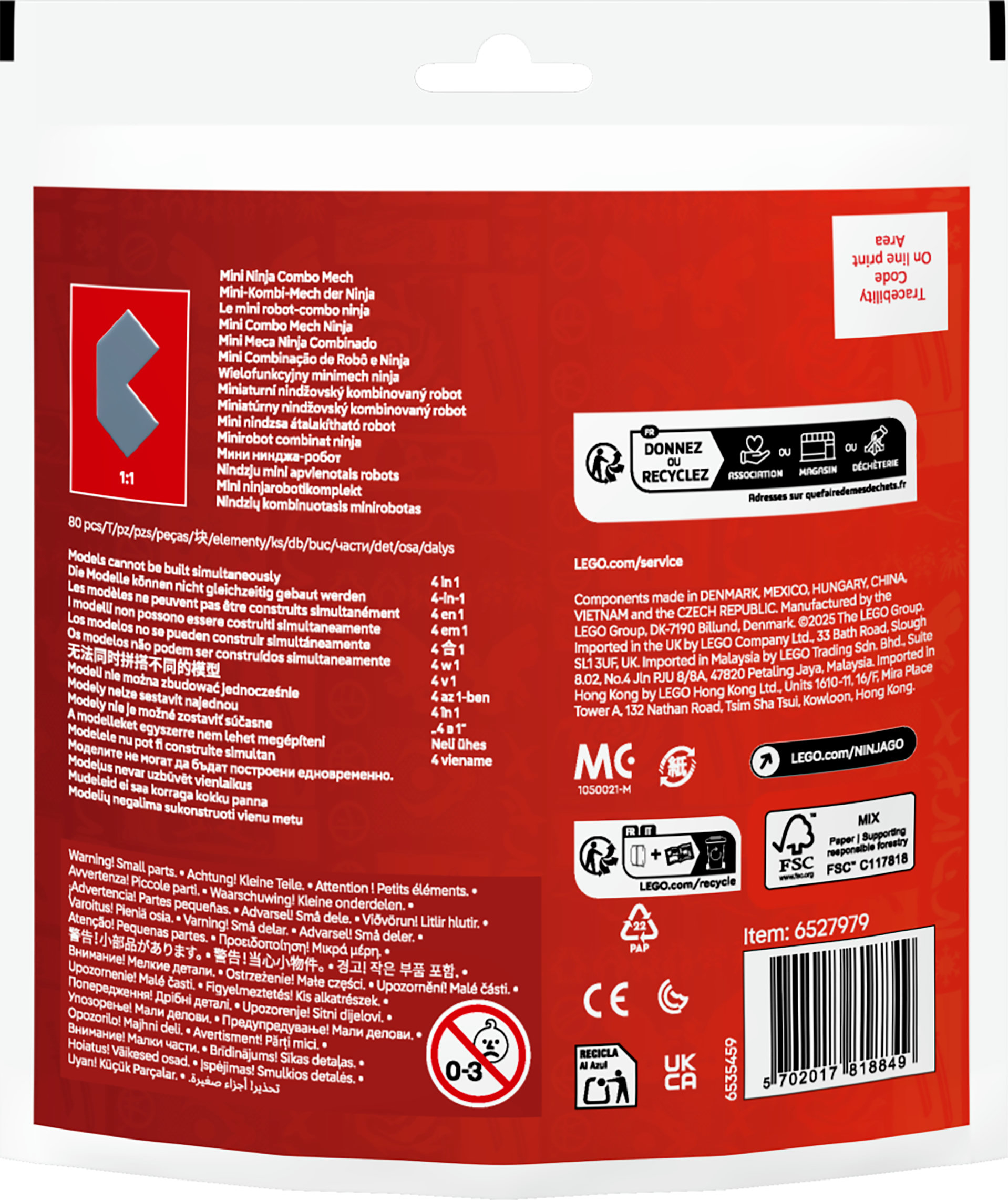 Opakowanie przedstawia zestaw LEGO z czerwonym tłem, ninja i tekstem w wielu językach.